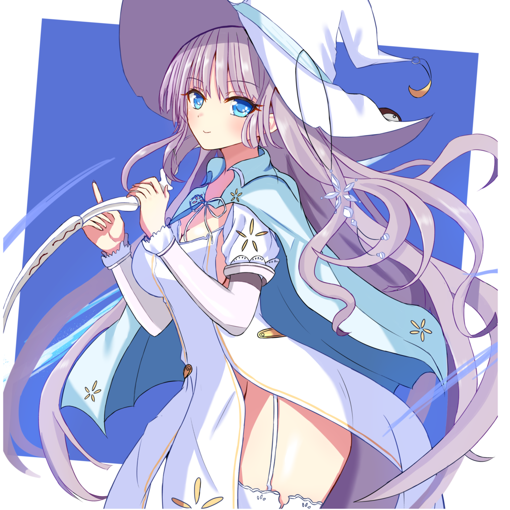 sakuratoru, yukimura suzuno, witch's garden, commentary request, 1girl, 2024, aqua cape, blue background, blue eyes, blush, breasts, cape, cleavage, closed mouth, cowboy shot, dated commentary, dress, eyelashes, floating hair, from side, garter straps, grey hair, hair between eyes, hands up, hat, index finger raised, juliet sleeves, large breasts, long hair, long sleeves, looking at viewer, puffy sleeves, side slit, sidelocks, simple background, smile, solo, thighhighs, thighs, very long hair, white dress, white hat, white thighhighs, witch, witch hat