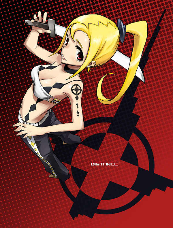 sanae (satansanae), original, 1girl, bare shoulders, blonde hair, blue eyes, breasts, cleavage, collarbone, female focus, foreshortening, holding, holding sword, holding weapon, looking at viewer, over shoulder, pants, ponytail, red background, simple background, solo, standing, sword, tattoo, unsheathed, weapon