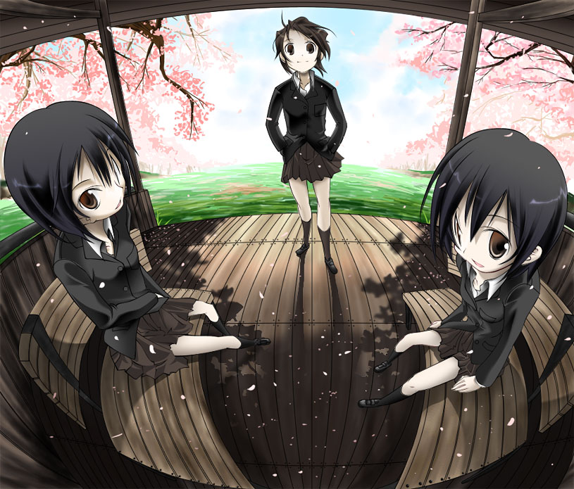 nagomiya, original, 3girls, cherry blossoms, fisheye, multiple girls, school uniform, serafuku