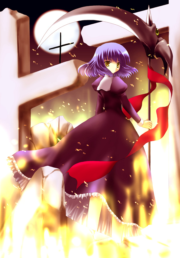 shikigami azuma, original, blue hair, cross, dress, fire, looking back, scythe, solo, weapon, yellow eyes