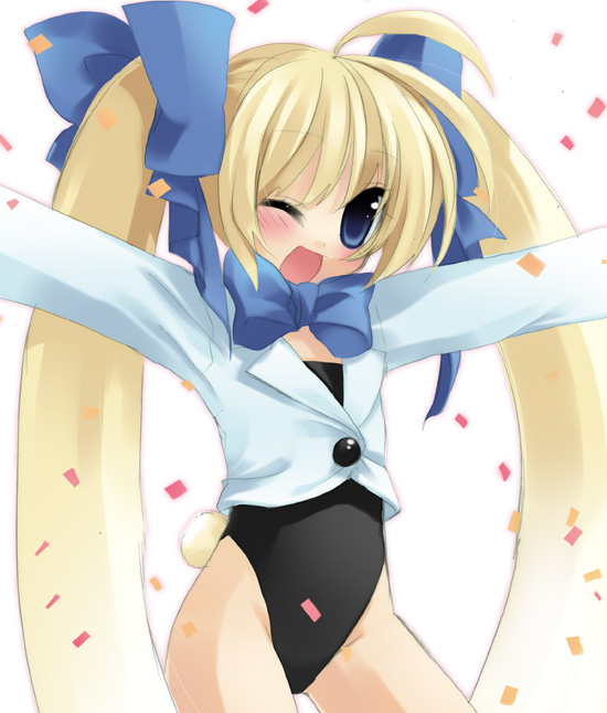 sazaki ichiri, original, blonde hair, flat chest, leotard, ribbon, solo, tuxedo, twintails