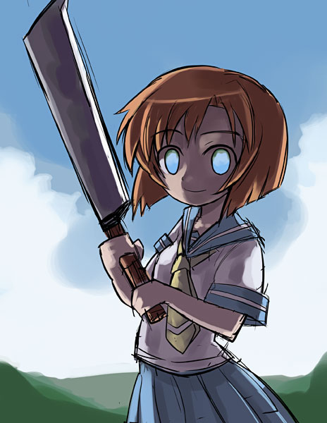hirosato, ryuuguu rena, higurashi no naku koro ni, 00s, 1girl, backlighting, billhook, blue eyes, blue skirt, blue sky, brown hair, cloud, crazy eyes, day, female focus, hashitsuki nata, hatchet, holding, holding weapon, knife, looking at viewer, nata (tool), outdoors, pleated skirt, sailor collar, school uniform, serafuku, short hair, short sleeves, skirt, sky, sleeve cuffs, solo, weapon