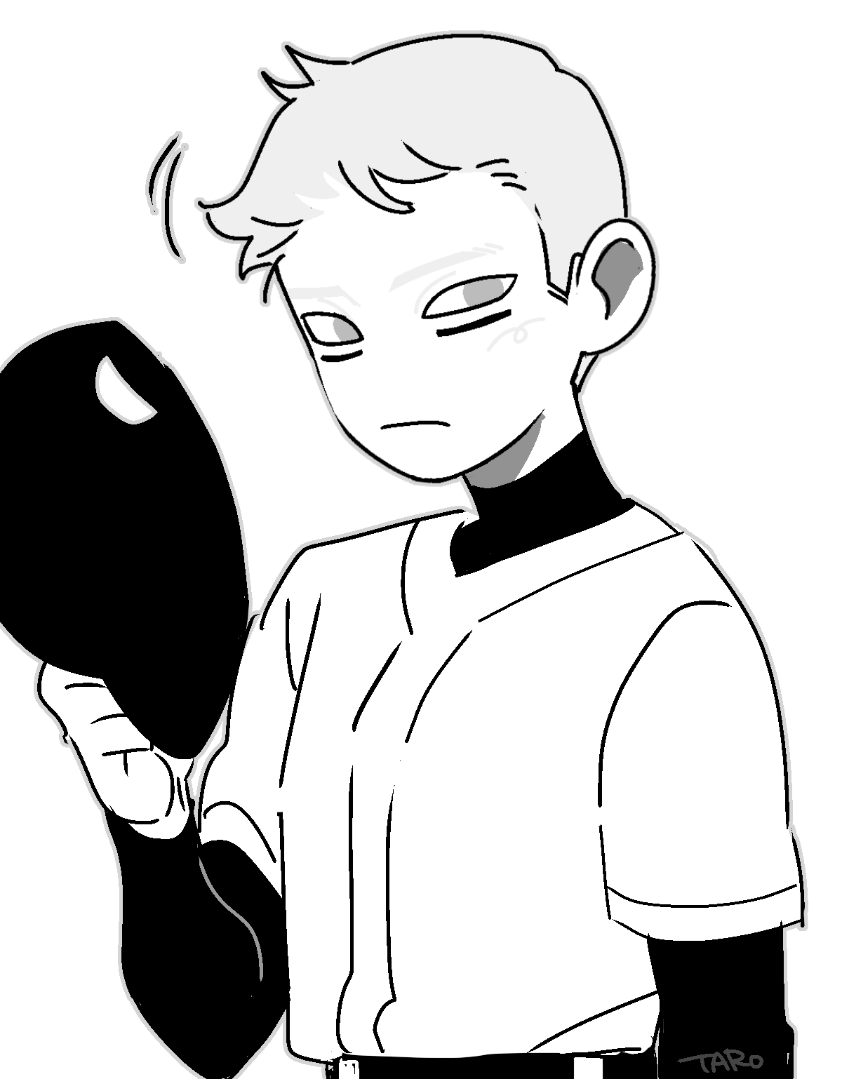 the batter (off), off (game), commentary, highres, symbol-only commentary, 1boy, 2 3up, arm up, baseball cap, baseball uniform, belt, closed mouth, facial mark, frown, greyscale, hat, holding, holding unworn clothes, holding unworn hat, layered sleeves, long sleeves, looking to the side, male focus, monochrome, shirt tucked in, short hair, short over long sleeves, short sleeves, simple background, solo, sportswear, unworn hat, unworn headwear, white background