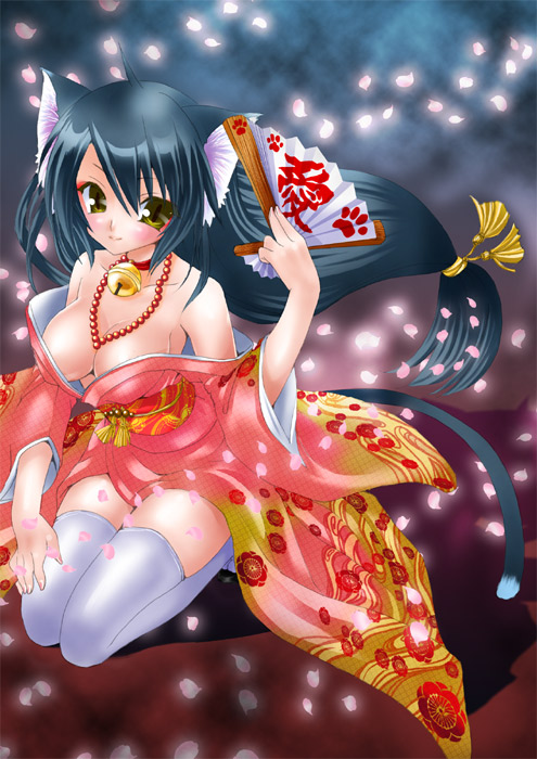 chikkuru, original, traditional clothes, 1girl, animal ears, bare shoulders, bell, blue hair, blush, breasts, cat ears, cat girl, cat tail, cleavage, collar, eyeshadow, female focus, floral print, japanese clothes, jewelry, jingle bell, kimono, kneeling, long hair, looking at viewer, low-tied long hair, makeup, neck bell, necklace, petals, slit pupils, solo, tail, thighhighs, very long hair, white thighhighs, yellow eyes, zettai ryouiki