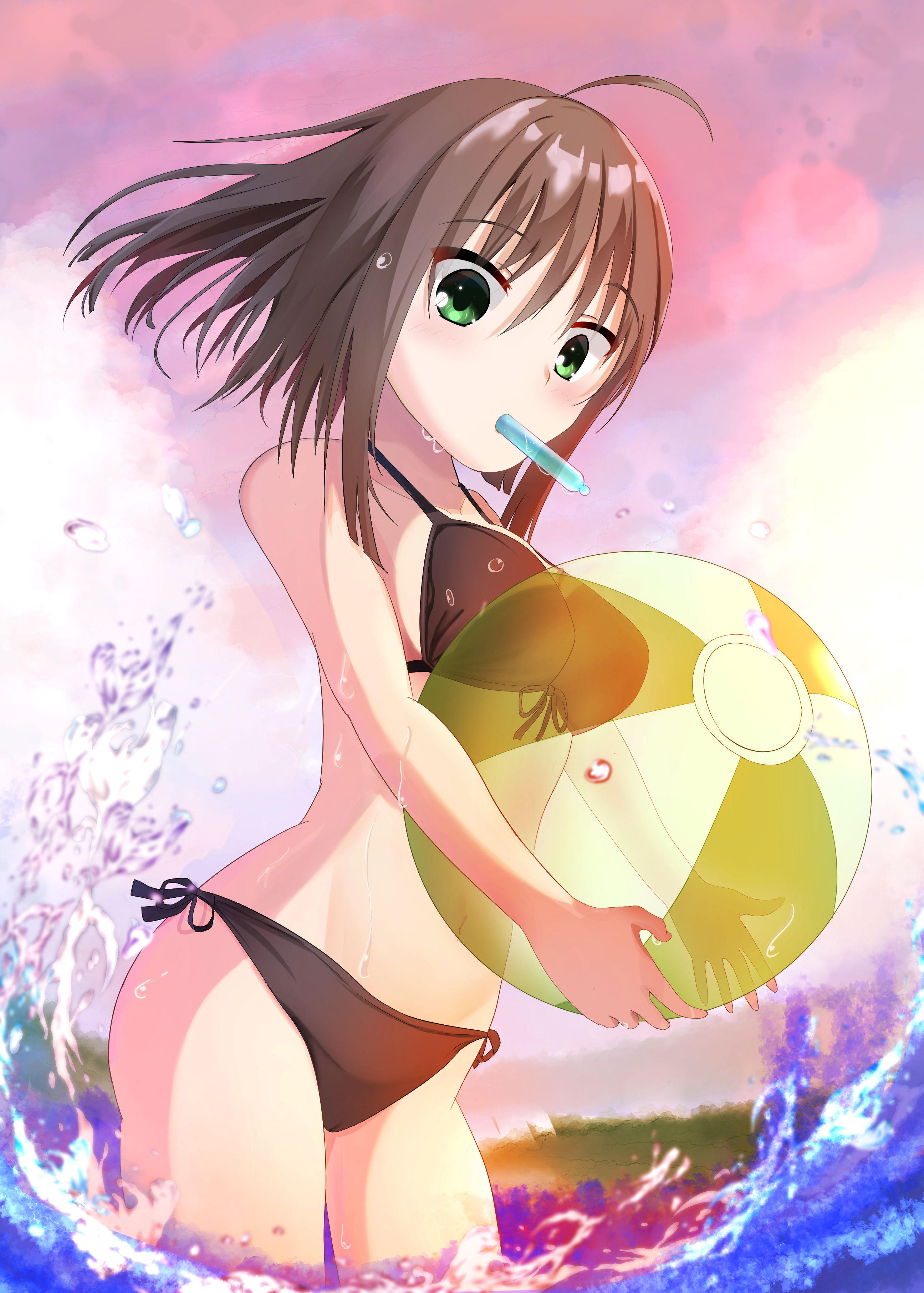 omu oshiron, hitachi mako, senren banka, absurdres, commentary request, highres, 1girl, ahoge, alternate costume, ball, bare shoulders, beachball, bikini, black bikini, black hair, blunt ends, blush, breasts, cowboy shot, eyes visible through hair, floating hair, food, food in mouth, front-tie bikini top, front-tie top, green eyes, hair between eyes, holding, holding ball, holding beachball, large breasts, looking at viewer, navel, ocean, outdoors, popsicle, popsicle in mouth, short hair with long locks, side-tie bikini bottom, solo, stomach, swimsuit, wading, water drop, wet