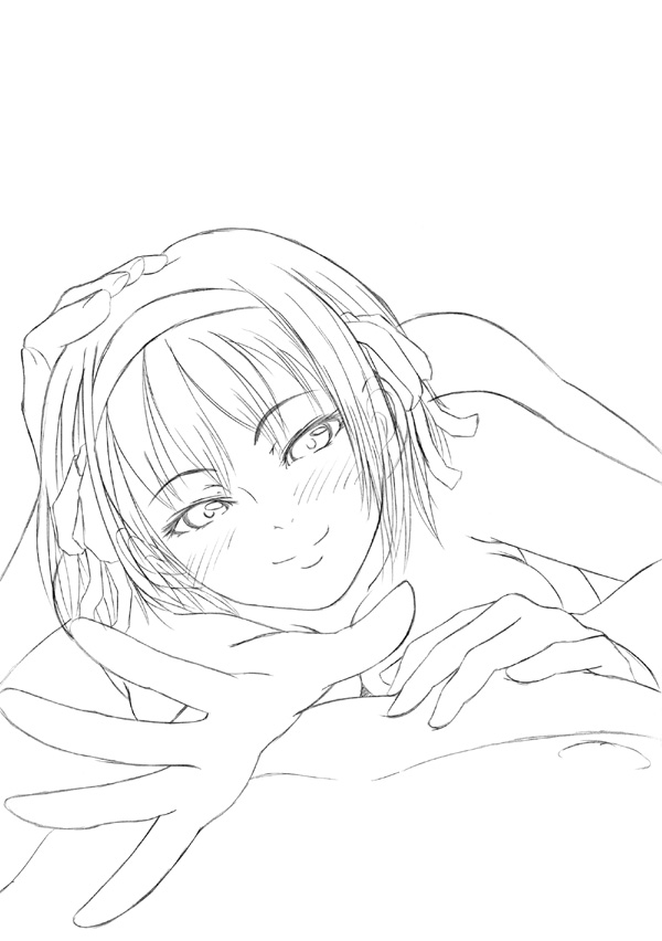 osuzu akiomi, suzumiya haruhi, suzumiya haruhi no yuuutsu, 00s, 1girl, breast press, breasts, cleavage, closed mouth, completely nude, female focus, greyscale, hairband, looking at viewer, monochrome, nude, outstretched arm, short hair, simple background, smile, solo, upper body, white background