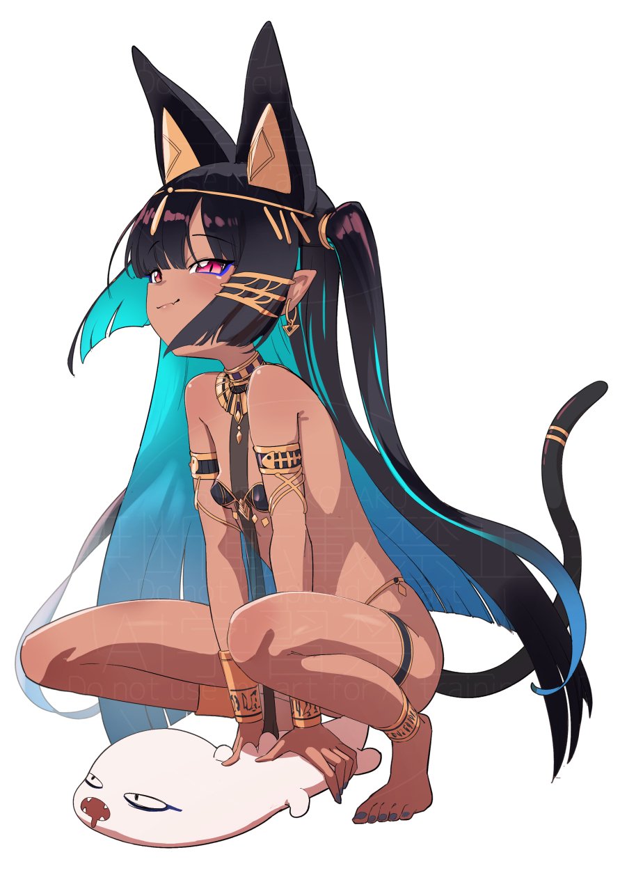 seigetsu kotaku, original, highres, 1girl, ancient egyptian, animal ears, bare arms, bare legs, bare shoulders, black hair, blue hair, breasts, cat ears, cat girl, cat tail, closed mouth, colored inner hair, dark-skinned female, dark skin, from side, full body, light smile, long hair, multicolored hair, purple eyes, revealing clothes, simple background, small breasts, solo, squatting, tail, very long hair, white background