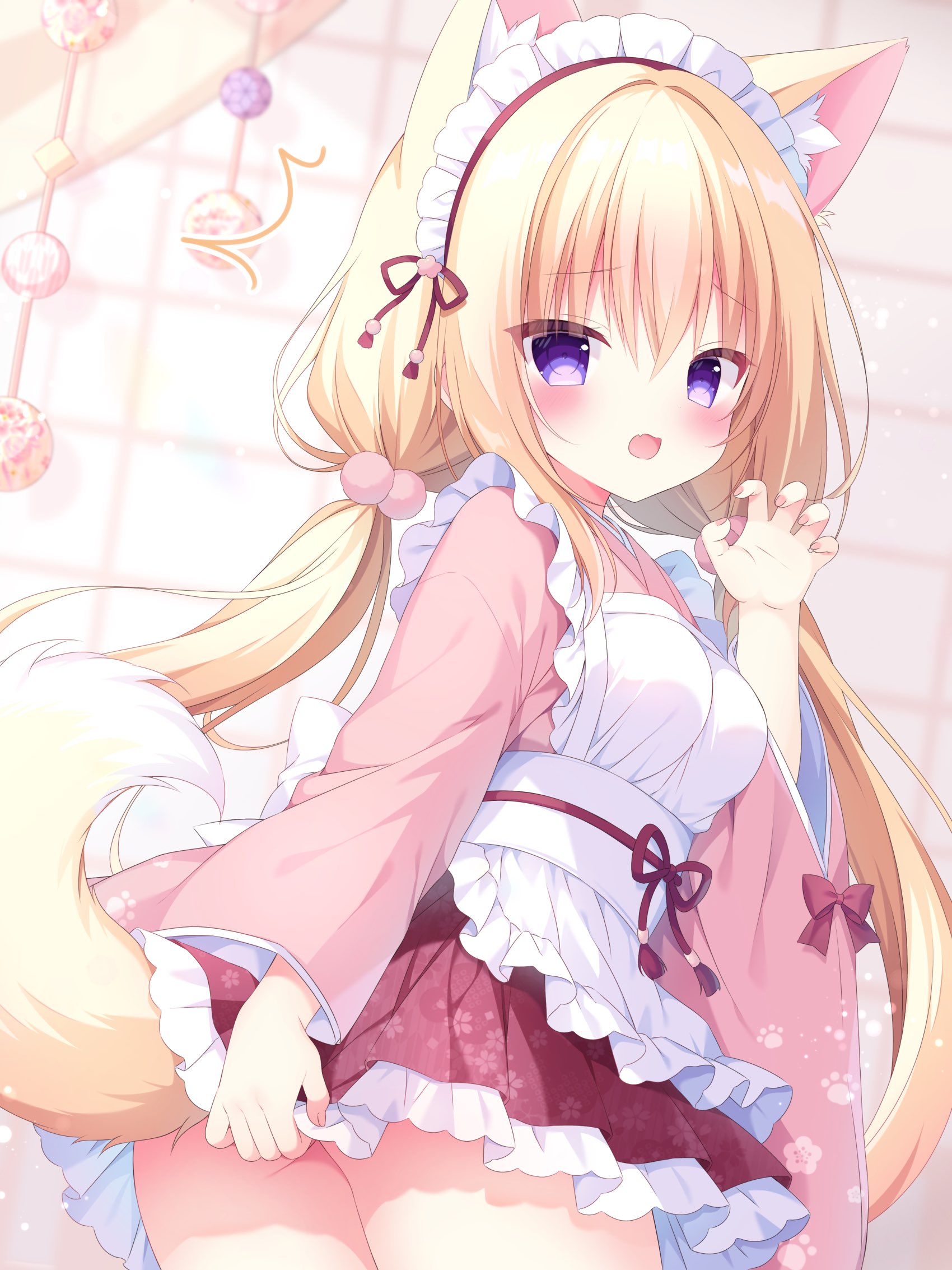 original, highres, 1girl, animal ear fluff, animal ears, apron, blonde hair, blush, bow, breasts, dress, fox ears, fox girl, fox tail, hair between eyes, hair ornament, headdress, long hair, long sleeves, looking at viewer, medium breasts, nekoboshi yuki, open mouth, pink dress, purple eyes, solo, tail, thighs, twintails, white apron, white headdress