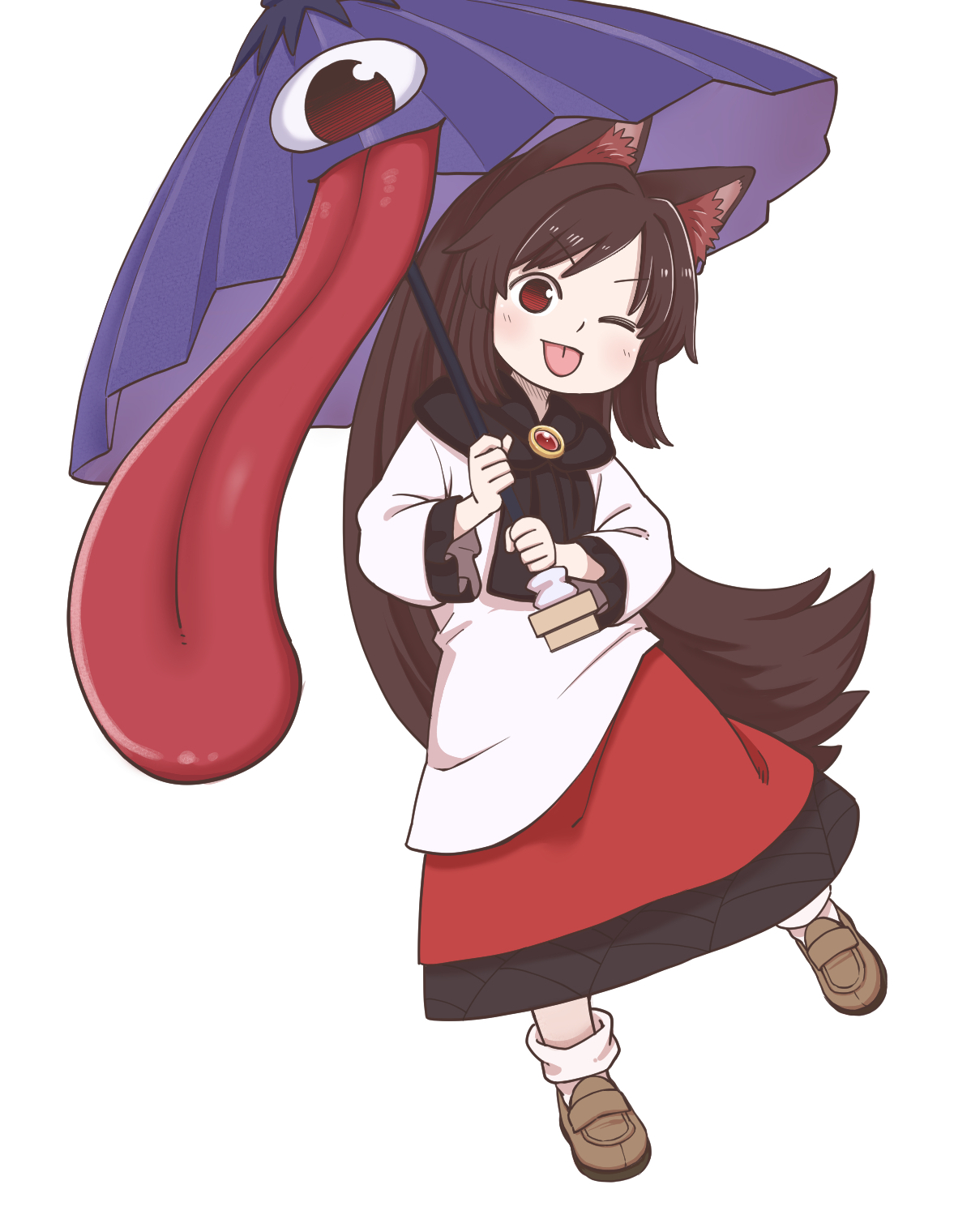 poronegi, imaizumi kagerou, tatara kogasa, tatara kogasa (umbrella), touhou, commentary request, highres, 1girl, ;p, animal ear fluff, animal ears, brown hair, brown shoes, dress, full body, holding, holding umbrella, loafers, long dress, long hair, long sleeves, looking at viewer, one eye closed, parted bangs, purple umbrella, red dress, red eyes, shoes, simple background, socks, solo, tongue, tongue out, two-tone dress, umbrella, very long hair, white background, white dress, white socks, wolf ears, wolf girl