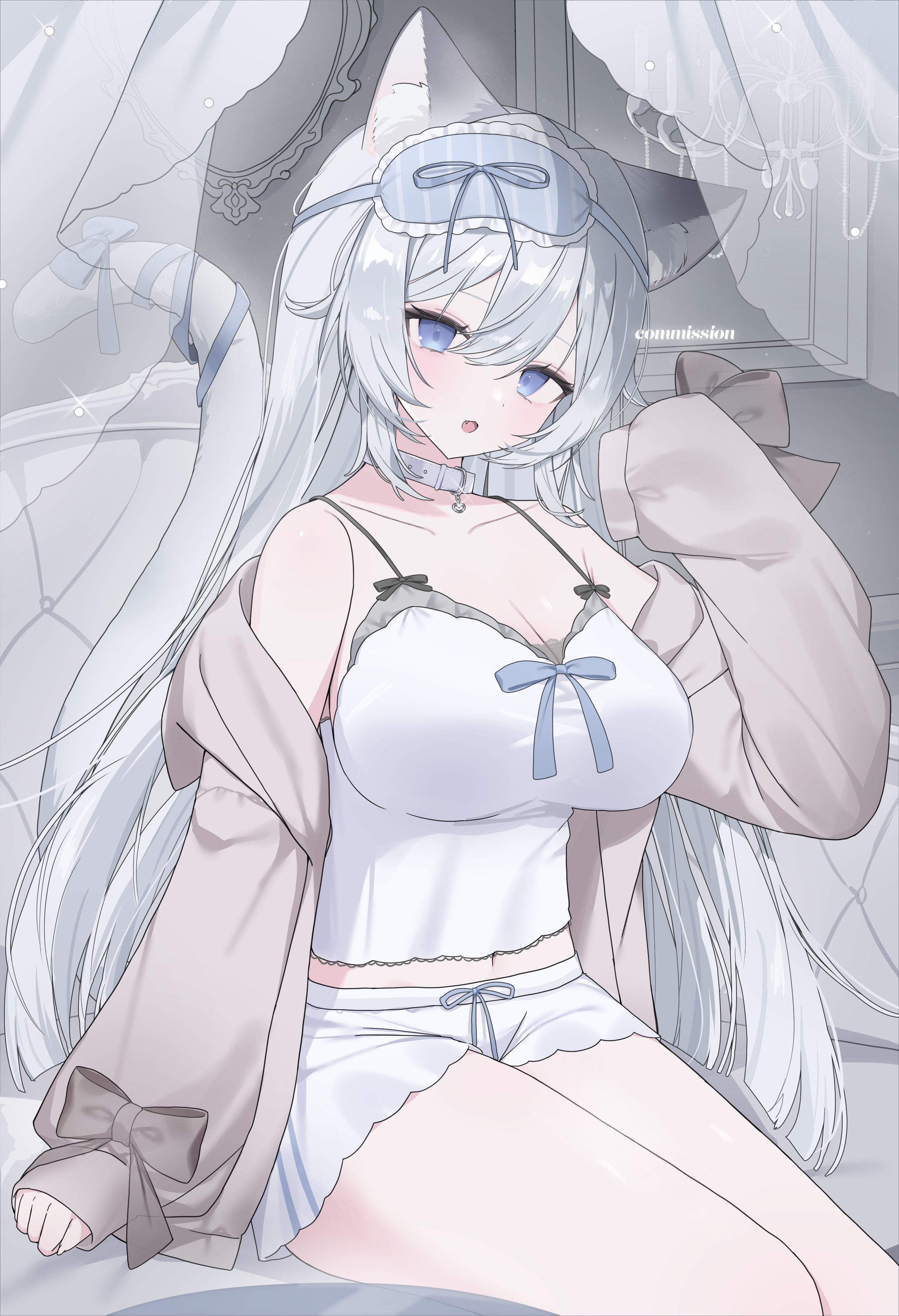 kohaku sogo, original, absurdres, highres, 1girl, animal ear fluff, animal ears, bare shoulders, blue eyes, blush, breasts, brown hair, cat ears, cat girl, cat tail, choker, cleavage, collarbone, grey hair, jacket, large breasts, long hair, long sleeves, looking at viewer, mask, mask on head, midriff peek, navel, open clothes, open jacket, open mouth, shorts, sitting, sleep mask, solo, tail, tank top, white choker, white shorts, white tank top