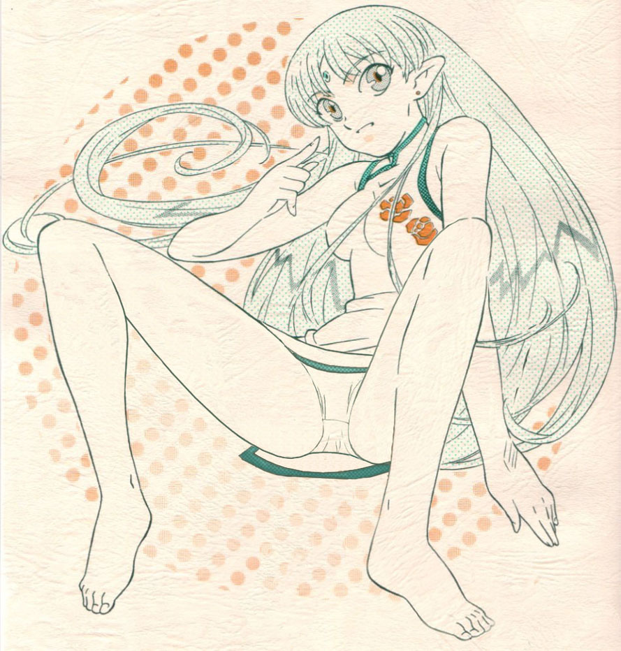 musashiseki bombers, watabe keisuke, lafiel, seikai no senki, official art, scan, 1girl, barefoot, china dress, chinese clothes, dress, earrings, elf, feet, female focus, floral print, forehead jewel, jewelry, long hair, monochrome, panties, pantyshot, parted bangs, pointing, pointy ears, polka dot, polka dot background, short dress, sitting, sleeveless, smile, solo, spread legs, underwear, very long hair