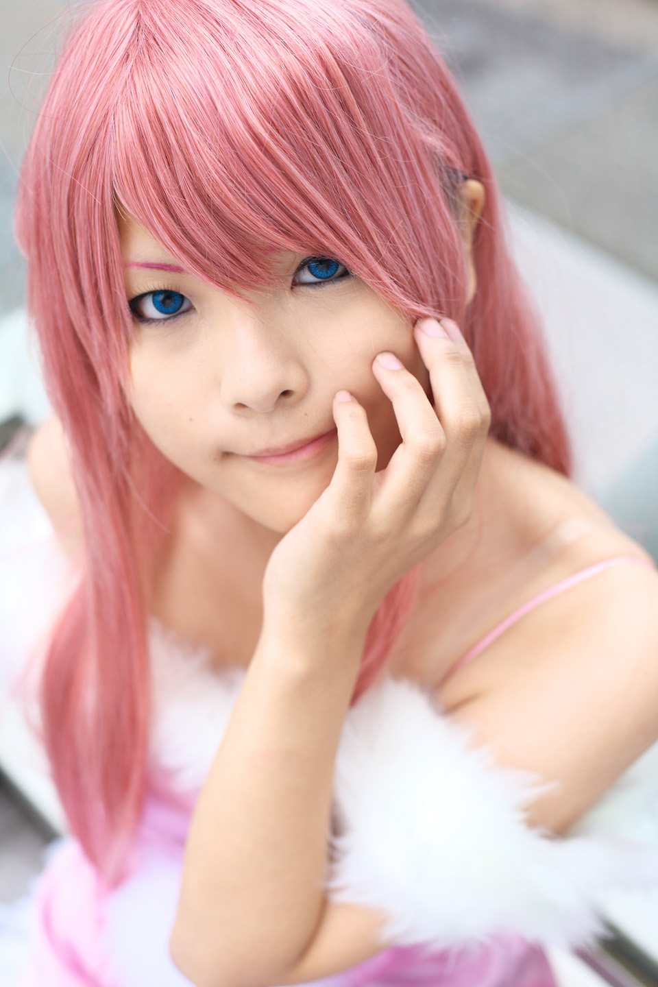meer campbell, gundam, gundam seed, gundam seed destiny, cosplay photo, highres, photo (medium), asian, blue eyes, cosplay, pink hair, solo