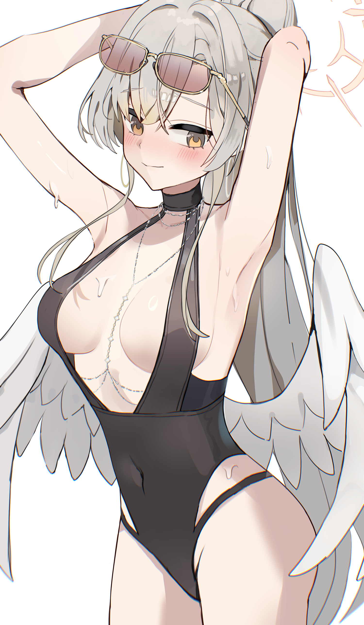 nyangpan, nagisa (blue archive), nagisa (swimsuit) (blue archive), blue archive, absurdres, highres, 1girl, angel wings, black one-piece swimsuit, brown-tinted eyewear, covered navel, feathered wings, halo, low wings, official alternate costume, official alternate hairstyle, one-piece swimsuit, solo, swimsuit, tinted eyewear, white wings, wings
