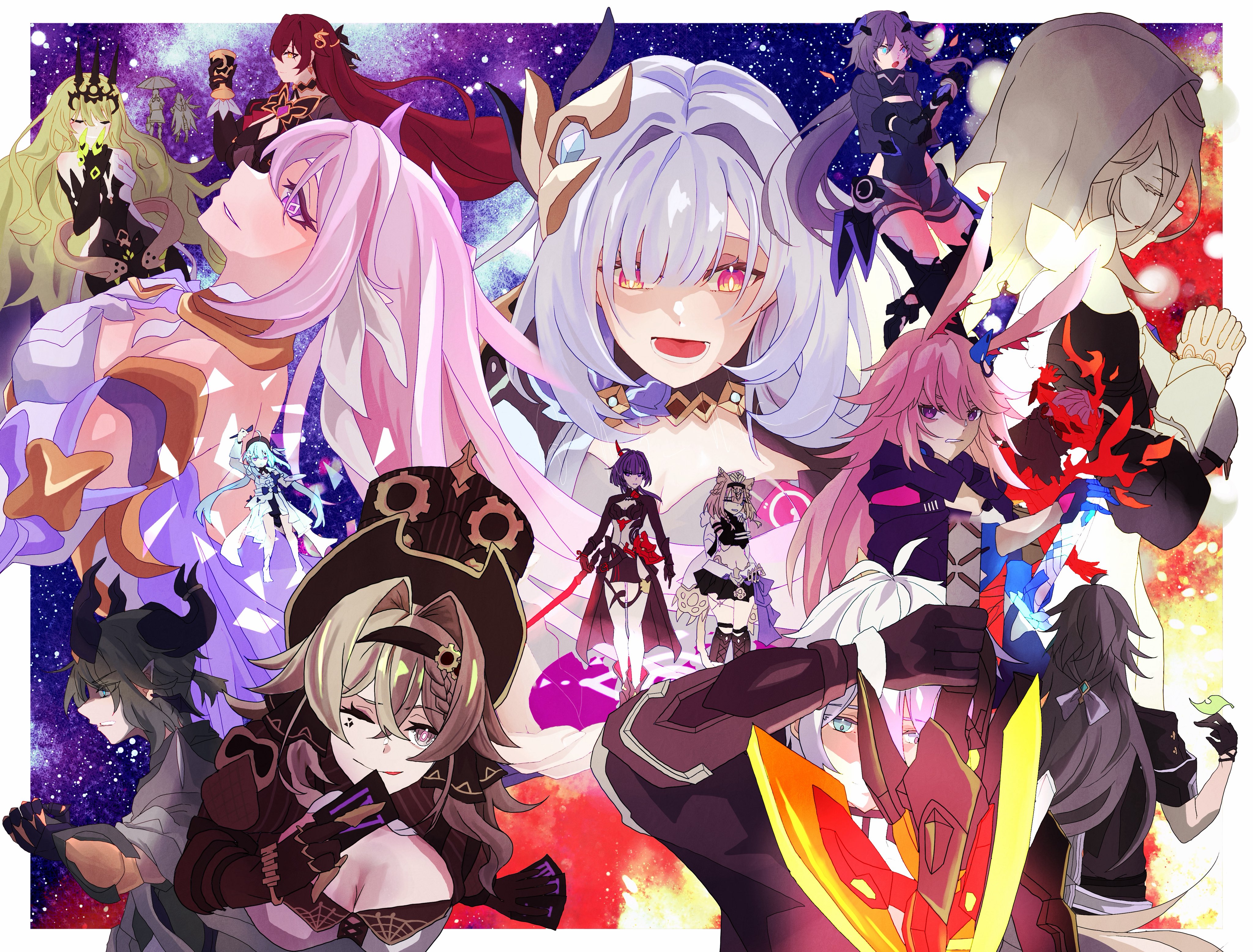 h3 hk, aponia, eden (honkai impact), elysia (herrscher of human: ego) (honkai impact), elysia (honkai impact), elysia (miss pink elf) (honkai impact), fu hua, fu hua (shadow knight), griseo, griseo (starry impression), herrscher of corruption, kalpas (honkai impact), kevin kaslana, kosma, mobius (honkai impact), pardofelis, pardofelis (reverist calico), raiden mei, raiden mei (danzai spectramancer), su (honkai impact), vill-v, yae sakura, yae sakura (goushinnso memento), blue archive, honkai (series), honkai impact 3rd, absurdres, commentary request, highres, 3boys, 6+girls, animal ears, black coat, black dress, black gloves, black horns, blonde hair, border, breasts, brown hair, card, cleavage, coat, corset, cup, diamond-shaped pupils, diamond (shape), dress, fox ears, fox girl, gloves, green hair, hair intakes, hair ornament, hat, holding, holding card, holding cup, holding sword, holding weapon, horns, large breasts, leaf, long hair, multicolored hair, multiple boys, multiple girls, open mouth, orange eyes, own hands together, praying, purple eyes, purple hair, short hair, sky, star (sky), starry sky, sword, symbol-shaped pupils, thirteen flame-chasers (honkai impact), tiara, top hat, two-tone hair, veil, very long hair, weapon, white border, white corset, white hair, white veil