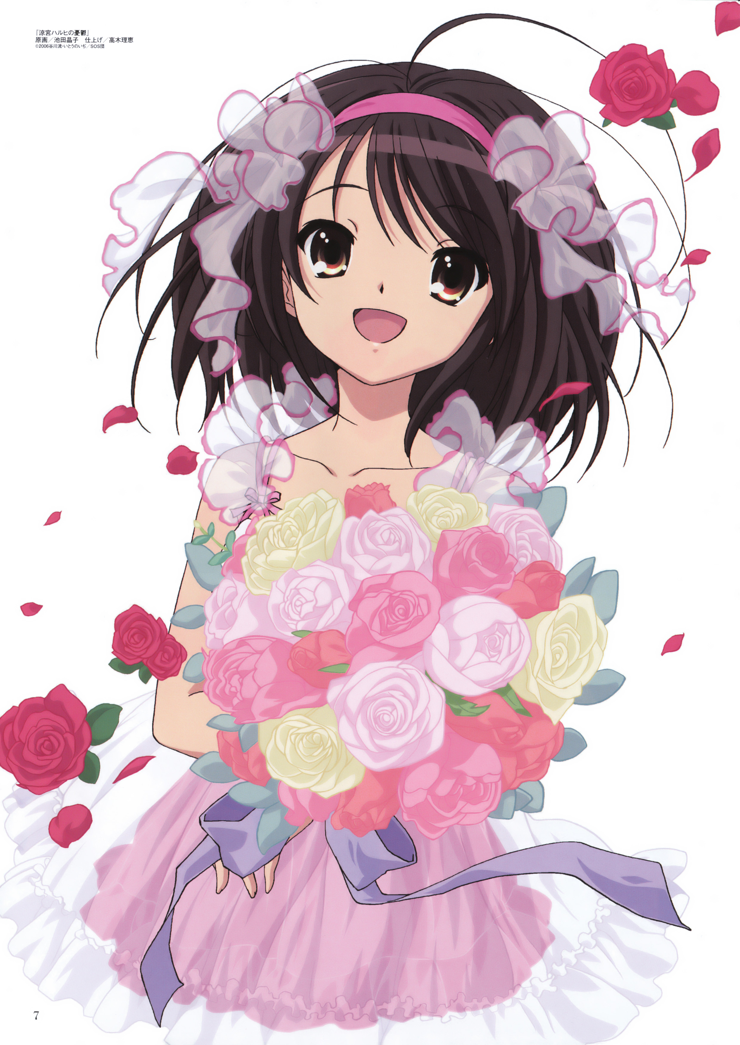ikeda shouko, suzumiya haruhi, megami deluxe, megami magazine, suzumiya haruhi no yuuutsu, absurdres, duplicate, highres, magazine scan, official art, scan, 00s, 1girl, ahoge, bouquet, brown hair, female focus, flower, huge ahoge, pink flower, pink rose, red flower, red rose, rose, short hair, solo, yellow flower, yellow rose