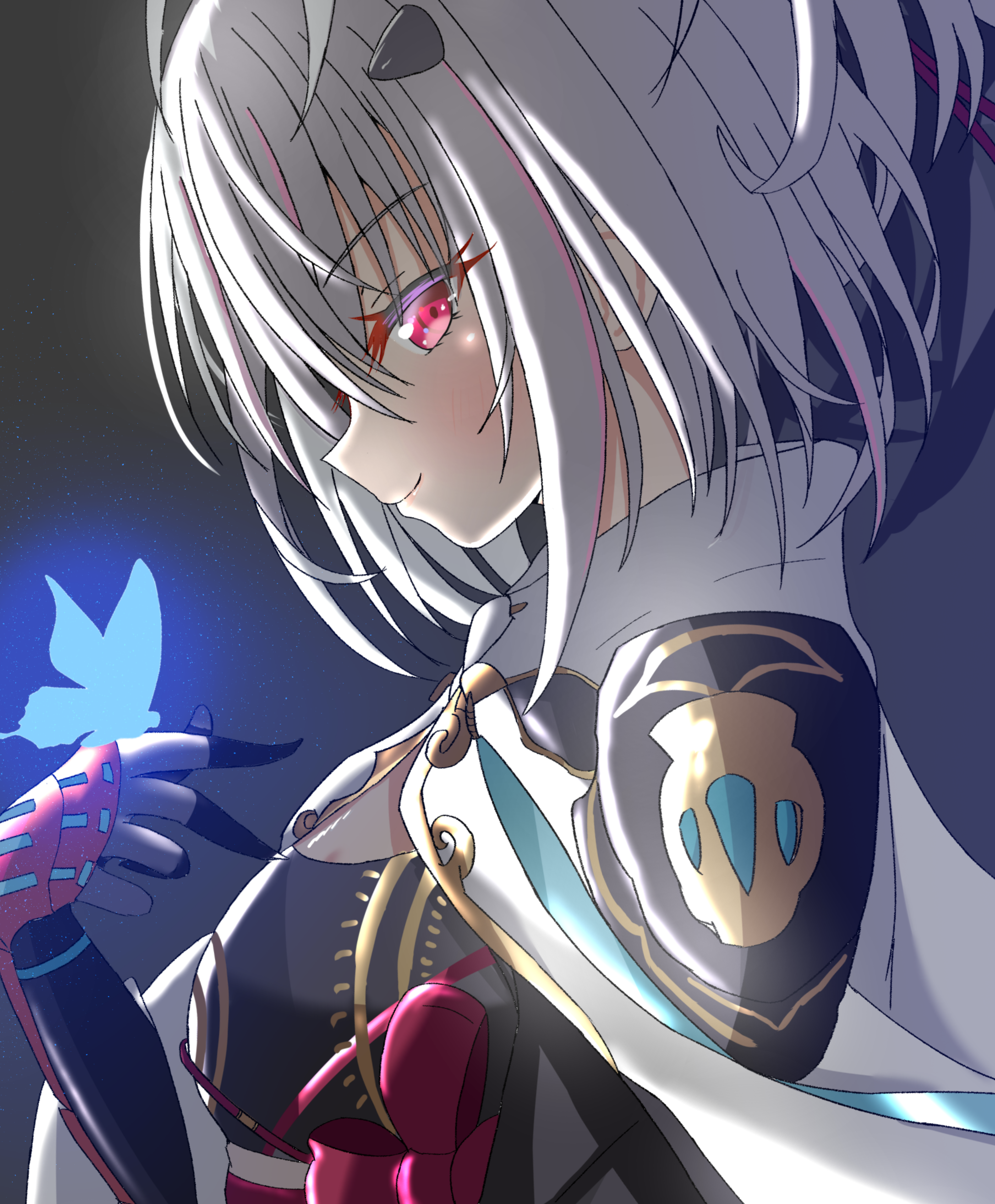 sakuratoru, sengoku koihime, sengoku koihime ~otome kenran sengoku emaki~, absurdres, commentary request, highres, 1girl, black dress, blue butterfly, blush, bow, bug, butterfly, cape, closed mouth, dress, eyelashes, eyes visible through hair, from side, glowing butterfly, hair between eyes, hand up, insect, looking at viewer, medium hair, profile, red bow, red eyes, satake ageha yoshishige, sideways glance, smile, solo, underlighting, upper body, v, white cape, white hair