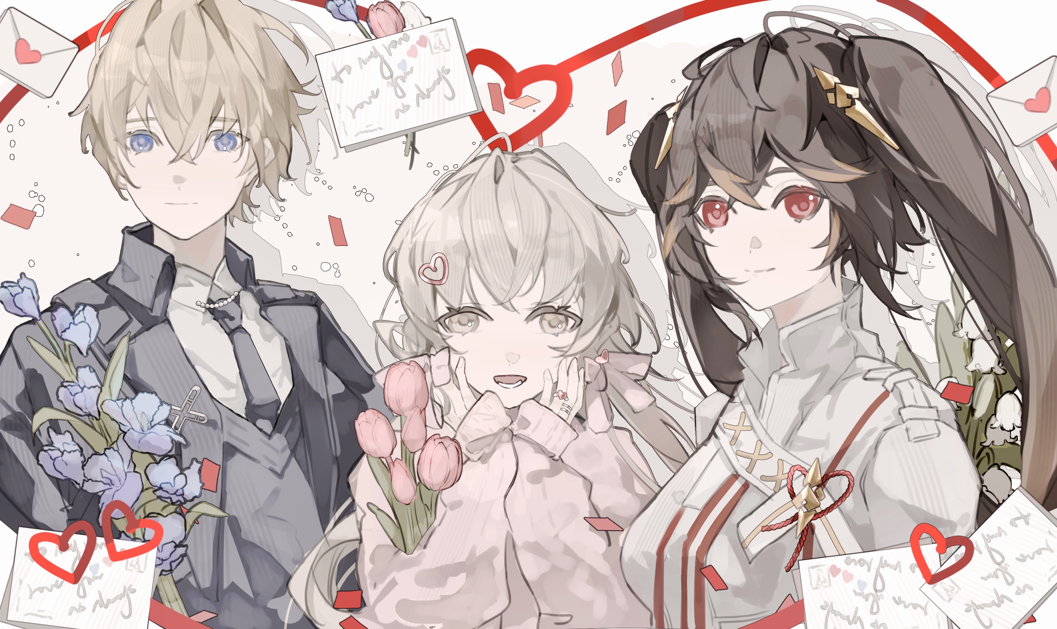 eoo eewei, lee (pgr), liv (pgr), lucia (pgr), punishing: gray raven, heart ring, silver ring, absurdres, check flower, chinese commentary, commentary, flower request, highres, 1boy, 2girls, alternate costume, blonde hair, blue eyes, blue flower, bouquet, brown hair, collared jacket, collared shirt, colored tips, confetti, crossed bangs, dress shirt, flower, gladiolus, grey eyes, grey hair, grey jacket, grey necktie, grey vest, hair between eyes, hair ornament, head rest, heart, heart hair ornament, heart seal, holding, holding bouquet, jacket, jewelry, lapel pin, letter, lily of the valley, looking at viewer, love letter, lower teeth only, multicolored hair, multiple girls, multiple rings, necktie, open mouth, pink flower, pink sweater, red eyes, ring, shadow, shirt, short hair, sleeves past wrists, smile, suit jacket, sweater, sword hair ornament, teeth, tulip, twintails, vest, white jacket, white shirt