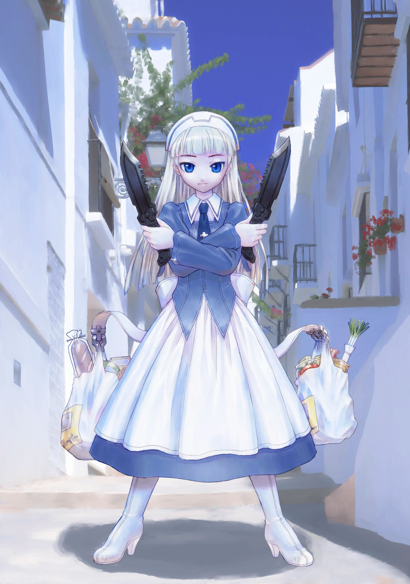 waku (waku no hito), original, highres, 1girl, female focus, groceries, knife, solo