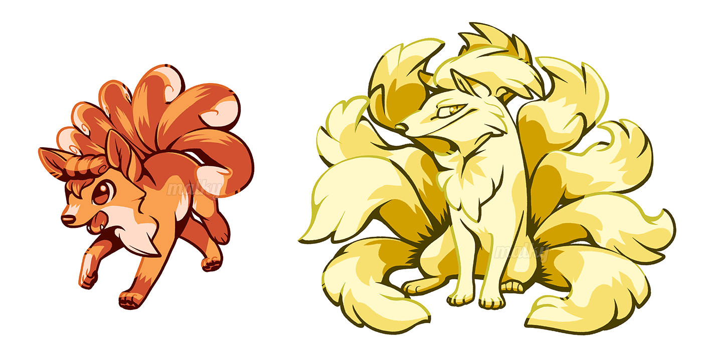 malky (malkshake), ninetales, vulpix, nintendo, pokemon, commentary, english commentary, full body, gen 1 pokemon, multiple monochrome, no humans, open mouth, pokemon (creature), pokemon focus, simple background, slit pupils, white background