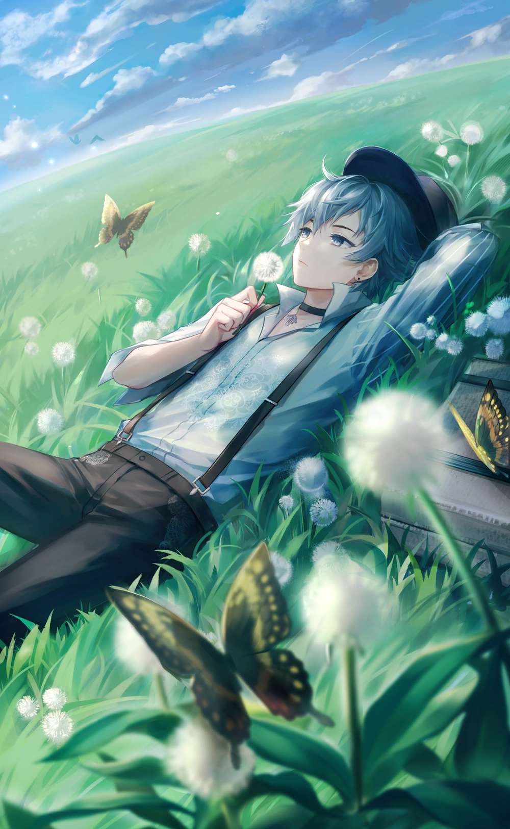 nikki (series), shining nikki, artist request, game cg, highres, official art, 1boy, arm behind head, belt, black belt, black choker, black hat, black pants, blue eyes, blue sky, bug, butterfly, choker, closed mouth, cloud, collarbone, collared shirt, cowboy shot, dandelion, denim, earrings, expressionless, flower, grey hair, hair between eyes, hat, helz (shining nikki), high collar, hill, holding, holding plant, insect, jeans, jewelry, light particles, long sleeves, looking ahead, lying, on back, on grass, pants, plant, pocket, shirt, short hair, sky, solo, stud earrings, suitcase, suspender pants, white shirt, yellow butterfly