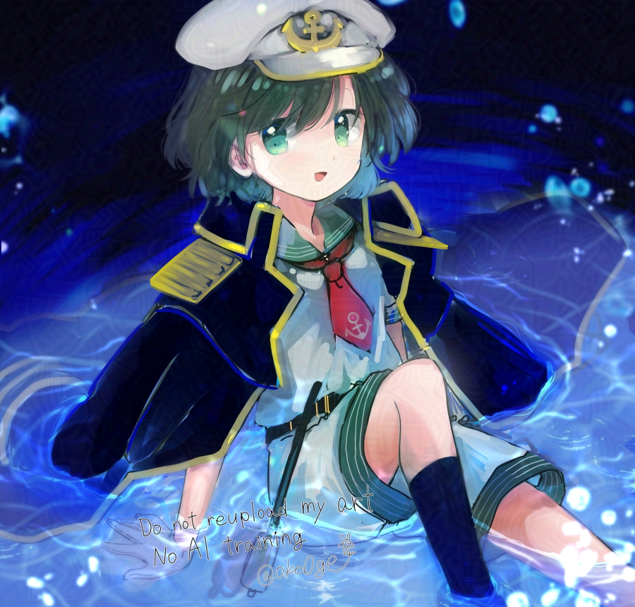 biyon, murasa minamitsu, touhou, adversarial noise, commentary request, 1girl, :d, anchor hat ornament, anchor symbol, black coat, black socks, blue background, coat, coat on shoulders, feet out of frame, green eyes, green hair, green sailor collar, hat, hat ornament, in water, knee up, ladle, necktie, open mouth, red necktie, ripples, sailor collar, sailor hat, shirt, short hair, shorts, sitting, smile, socks, solo, water drop, white hat, white shirt, white shorts