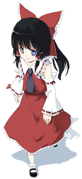sakuraba yuuki, hakurei reimu, touhou, 1girl, ascot, black hair, blue eyes, bow, detached sleeves, female focus, frilled skirt, frills, from above, full body, hair bow, hair tubes, japanese clothes, long hair, miko, ribbon, shoes, simple background, skirt, skirt set, socks, solo, walking