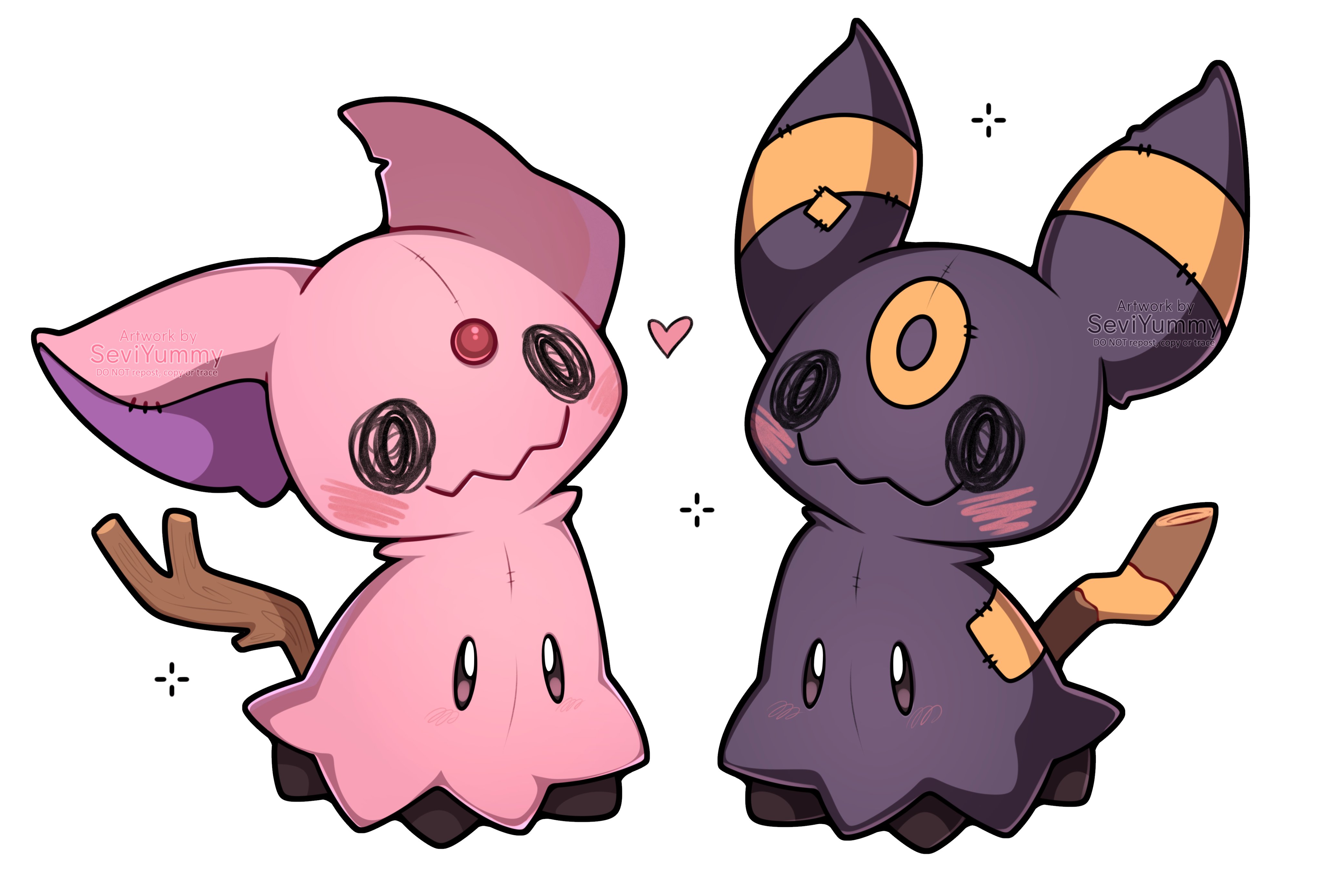 sevi (seviyummy), espeon, mimikyu, umbreon, nintendo, pokemon, absurdres, highres, cosplay, espeon (cosplay), full body, gen 2 pokemon, gen 7 pokemon, heart, no humans, pokemon (creature), pokemon focus, simple background, solid oval eyes, umbreon (cosplay)