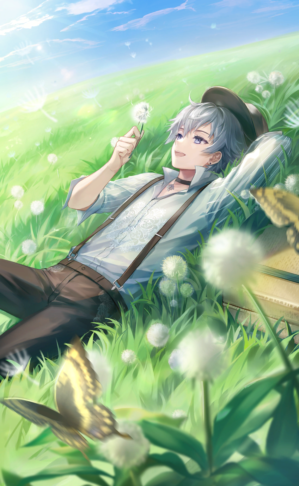 nikki (series), shining nikki, artist request, game cg, highres, official art, 1boy, arm behind head, belt, black belt, black choker, black hat, black pants, blue eyes, blue sky, bug, butterfly, choker, cloud, collarbone, collared shirt, cowboy shot, dandelion, denim, earrings, flower, grey hair, hair between eyes, happy, hat, helz (shining nikki), high collar, hill, holding, holding plant, insect, jeans, jewelry, light particles, light rays, long sleeves, looking ahead, lying, on back, on grass, open mouth, pants, plant, pocket, shirt, short hair, sky, solo, stud earrings, suitcase, sunlight, suspender pants, teeth, upper teeth only, white shirt, yellow butterfly
