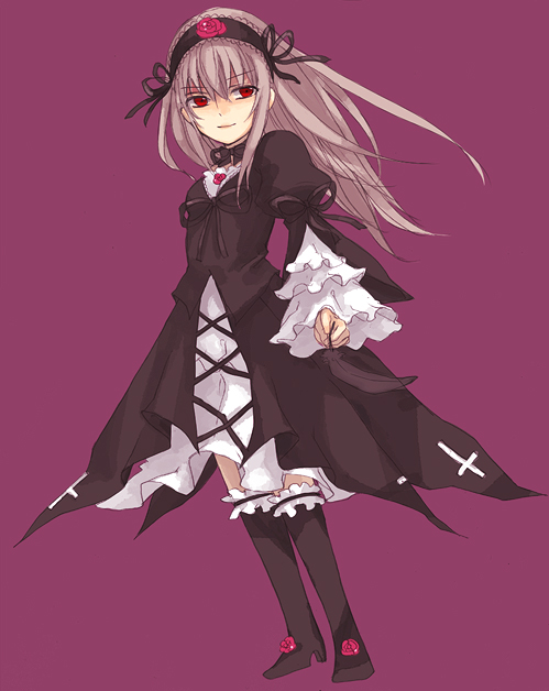 loo, suigintou, rozen maiden, 00s, 1girl, boots, dutch angle, female focus, frills, full body, gothic lolita, lolita fashion, purple background, simple background, solo, standing