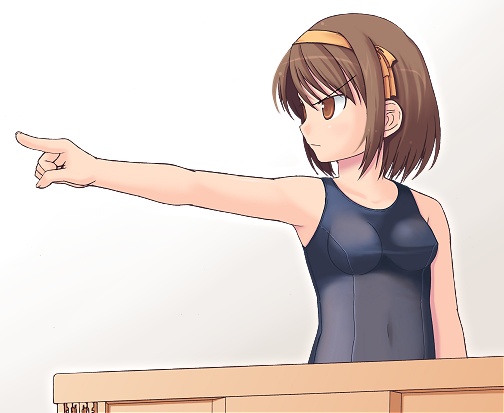 amamiya minato, suzumiya haruhi, ace attorney, capcom, suzumiya haruhi no yuuutsu, brown hair, objection, one-piece swimsuit, parody, pointing, school swimsuit, short hair, solo, swimsuit