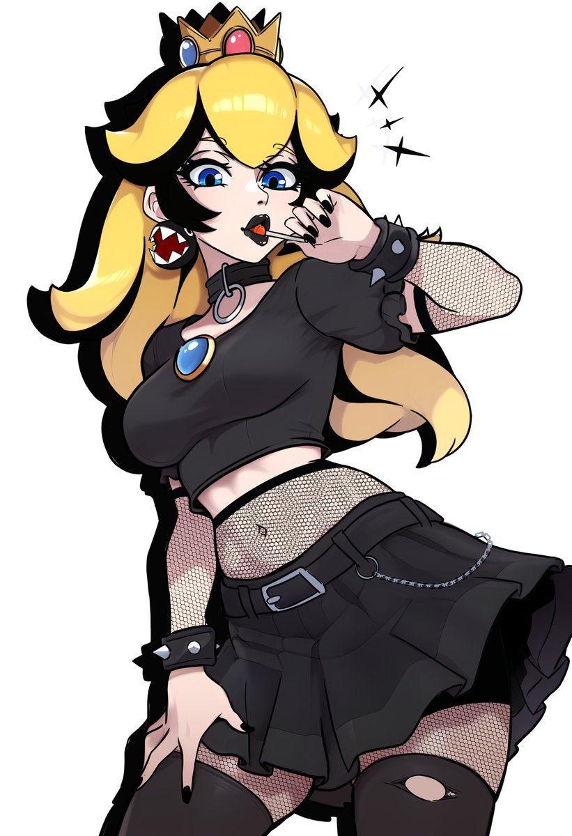redpostit, princess peach, mario (series), nintendo, highres, 1girl, alternate costume, black lips, blonde hair, breasts, candy, fishnets, food, goth fashion, hand on lap, hand on own leg, hand on own thigh, large breasts, legs, long hair, looking at viewer, midriff, mouth hold, navel, princess, smile, solo, thighs, toned, torn stockings