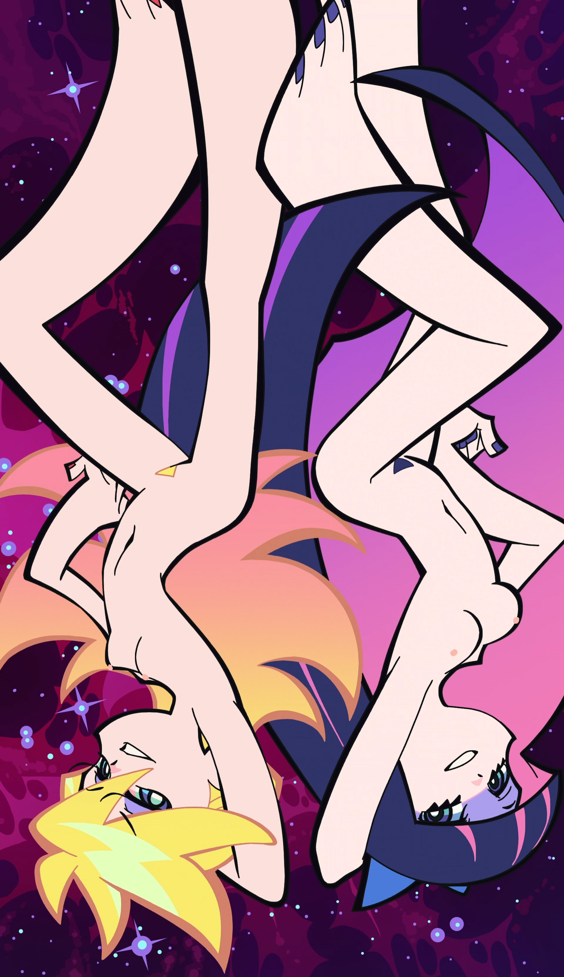 panty (psg), stocking (psg), panty & stocking with garterbelt, absurdres, anime screenshot, highres, stitched, third-party edit, 2girls, arm up, blonde hair, blue eyes, breasts, colored inner hair, completely nude, eyeshadow, gradient hair, long hair, looking at viewer, makeup, medium breasts, multicolored hair, multiple girls, nail polish, navel, nipples, nude, pink hair, pubic hair, purple hair, purple nails, purple toenails, red nails, seductive gaze, seductive smile, siblings, sisters, small breasts, smile, stomach, thighs, toenail polish, toenails, two-tone hair, very long hair