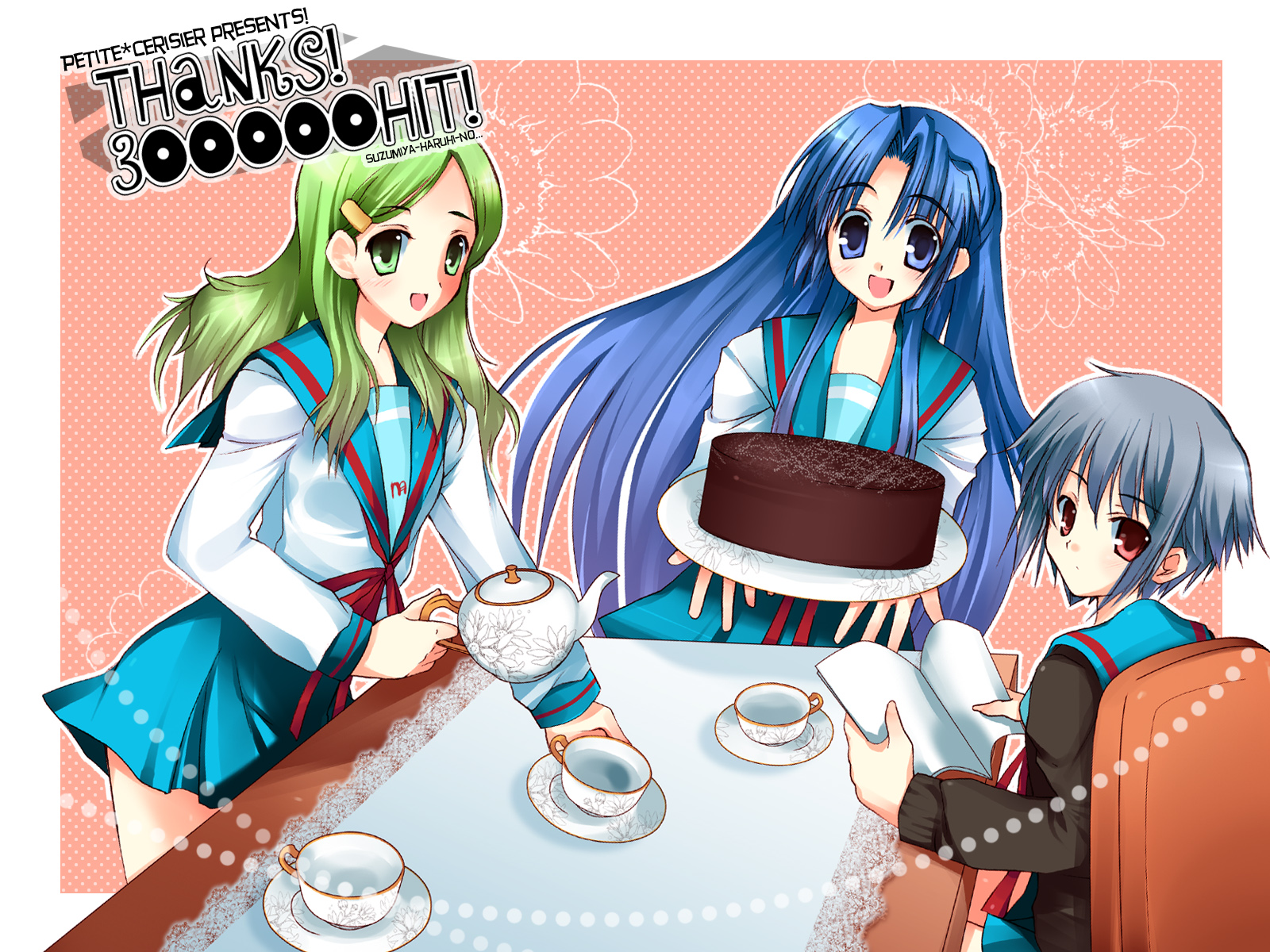 sakura hanpen, asakura ryoko, kimidori emiri, nagato yuki, sakura sakura, suzumiya haruhi no yuuutsu, highres, 00s, 3girls, blue eyes, blue hair, cake, cup, flower, food, green eyes, green hair, long hair, looking back, milestone celebration, multiple girls, open mouth, pastry, plate, red eyes, school uniform, serafuku, sitting, tea, teacup, teapot, very long hair