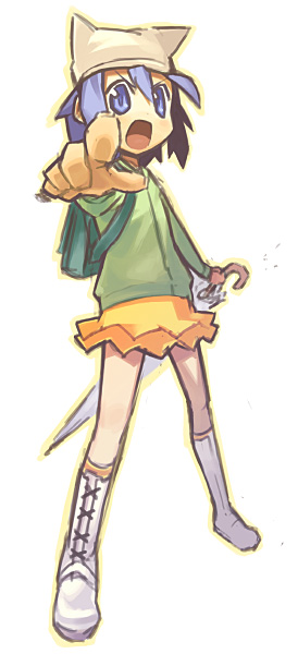 kusaka kokage, animal hat, blue eyes, blue hair, hat, pointing, short hair, skirt, solo, umbrella