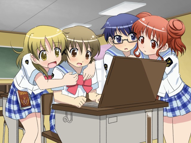 sanshita, hiro (hidamari sketch), miyako (hidamari sketch), sae (hidamari sketch), yuno (hidamari sketch), gakuen utopia manabi straight!, hidamari sketch, 4girls, bow, multiple girls, parody, pink bow, plaid clothes, plaid skirt, school uniform, season connection, serafuku, skirt