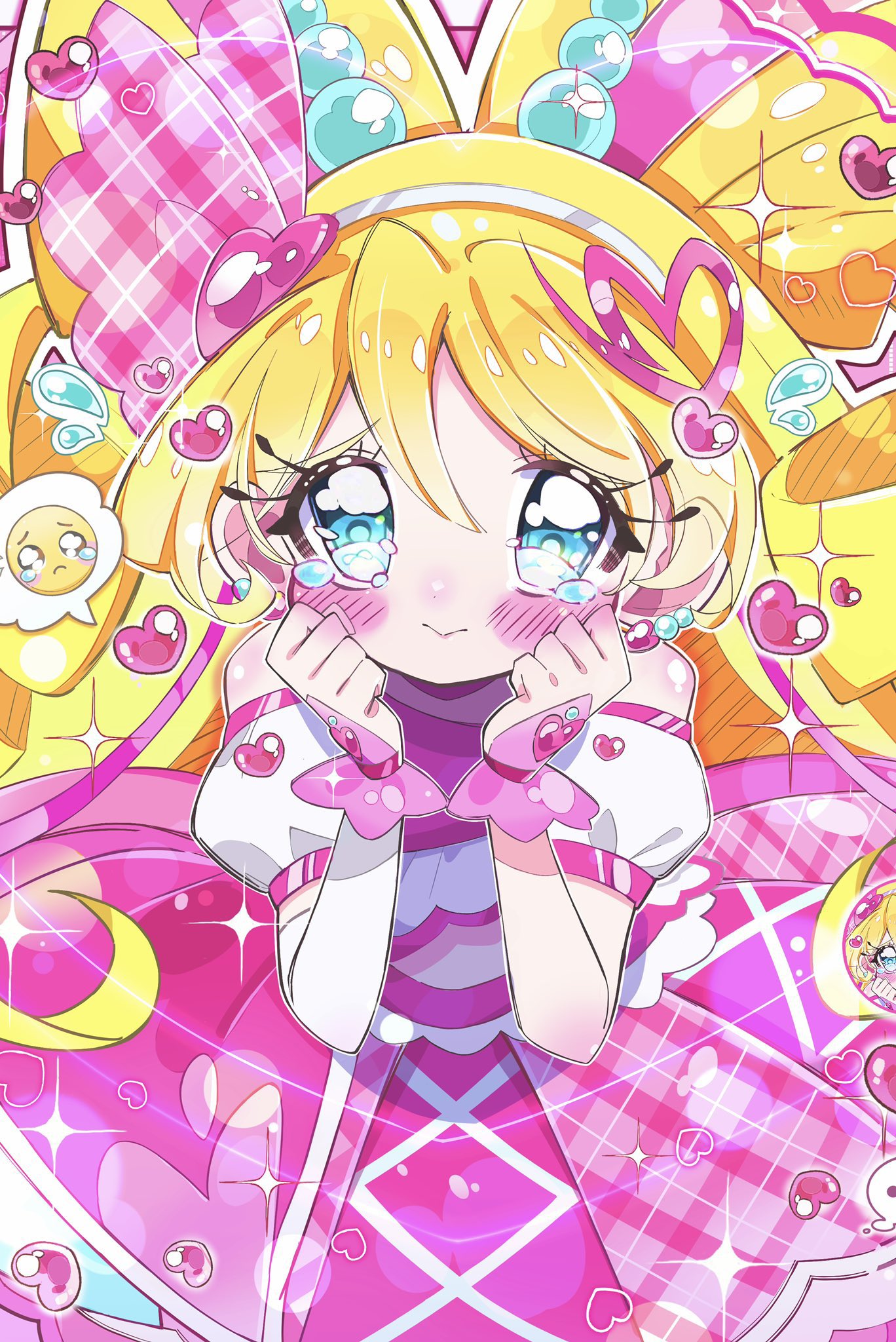 mizunonononono, cure idol, sakura uta (precure), kimi to idol precure, precure, commentary request, highres, 1girl, blue eyes, blush, closed mouth, detached sleeves, dress, emoji, eyelashes, flying sweatdrops, hair between eyes, heart, looking at viewer, magical girl, pink dress, puffy short sleeves, puffy sleeves, short sleeves, sidelocks, solo, sparkle, tears
