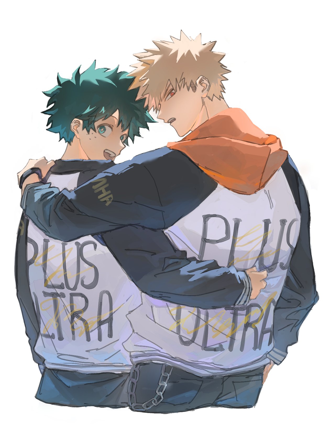 bakugou katsuki, midoriya izuku, boku no hero academia, commentary request, highres, alternate costume, arm around shoulder, arm around waist, blonde hair, chain, denim, dmdtmt99, english text, freckles, green hair, hand in pocket, hood, hood down, jacket, jeans, long sleeves, looking at viewer, looking back, multicolored jacket, open mouth, orange hood, pants, red eyes, simple background, teeth, two-tone jacket, upper teeth only, white background