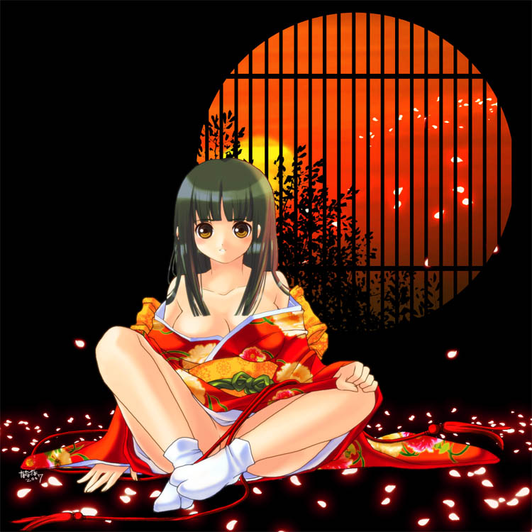 honma nanana, tagme, bare shoulders, japanese clothes, no panties, solo, tabi