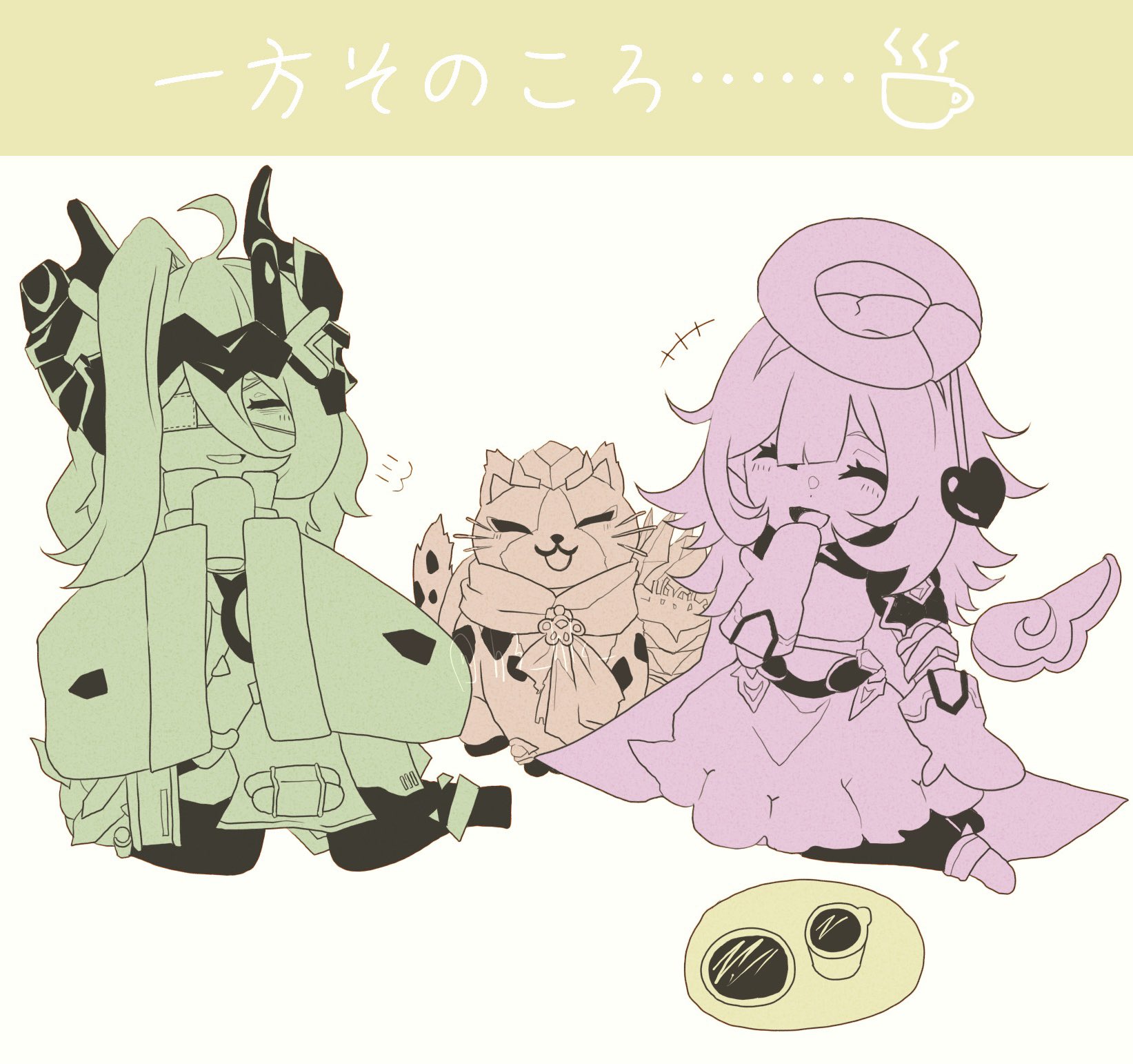h3 hk, can (honkai impact), elf elysia, klein (honkai impact), honkai (series), honkai impact 3rd, commentary request, highres, translation request, 2girls, ahoge, angel wings, cat, cup, dress, eyepatch, gloves, halo, heart, lab coat, medical eyepatch, medium hair, multiple girls, plate, smile, wings