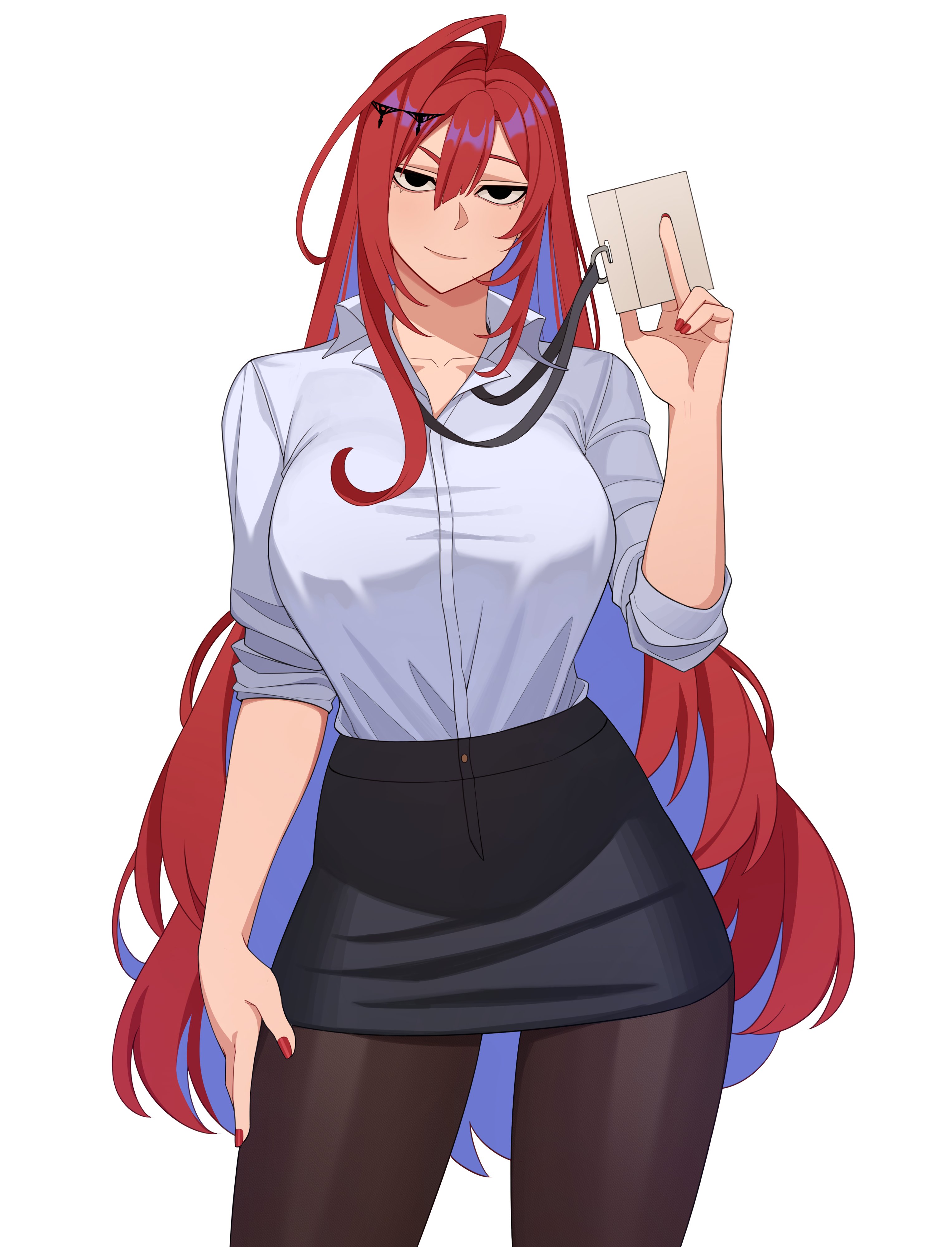 neet kun01, elizabeth rose bloodflame, hololive, hololive english, absurdres, highres, 1girl, ahoge, black pantyhose, black skirt, blue fire, blue hair, breasts, business suit, collared shirt, colored inner hair, dress shirt, fire, formal clothes, huge ahoge, id card, lanyard, large breasts, long hair, long sleeves, looking at viewer, multicolored hair, office lady, pantyhose, pencil skirt, red eyes, red hair, shirt, shirt tucked in, simple background, skirt, skirt suit, smile, solo, suit, two-tone hair, very long hair, virtual youtuber, white background, white shirt