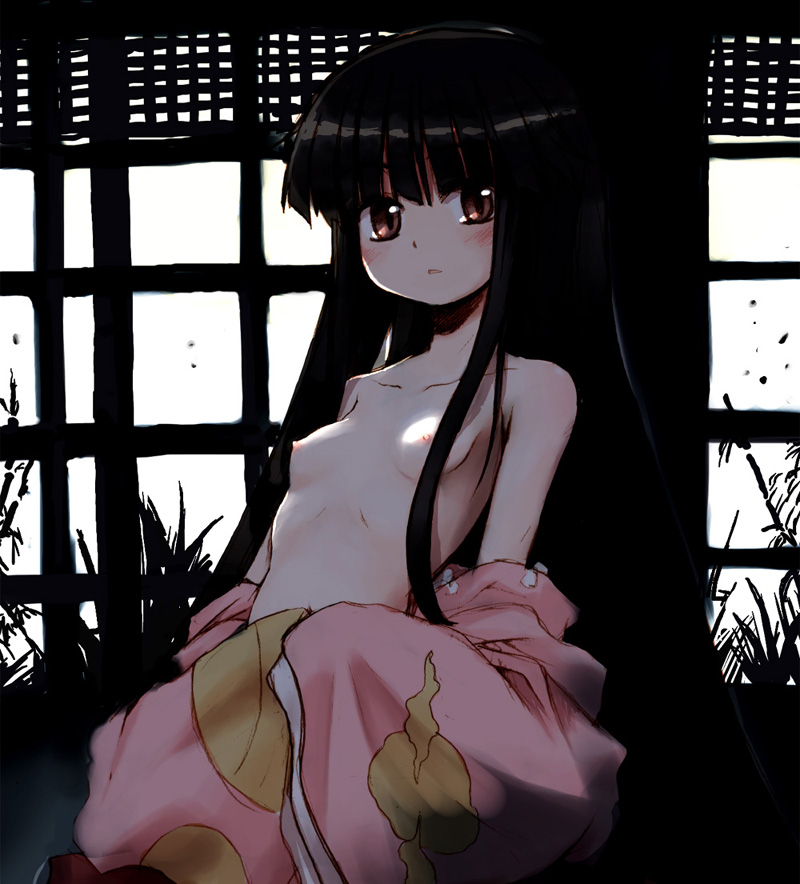 mizumoto tadashi, houraisan kaguya, touhou, 1girl, bare shoulders, black hair, blush, breasts, brown eyes, female focus, flat chest, long hair, nipples, off shoulder, small breasts, solo, staring, topless female, topless frame, undressing, upper body, wide sleeves