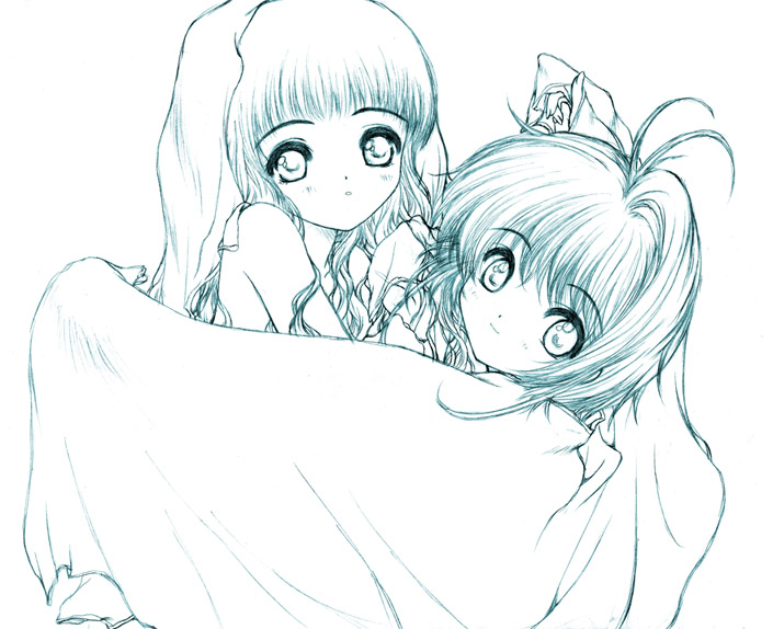 odagiri sakura, daidouji tomoyo, kinomoto sakura, cardcaptor sakura, eyebrows, 1990s (style), 2girls, antenna hair, bare shoulders, child, green theme, looking at viewer, monochrome, multiple girls, retro artstyle, short hair, simple background, upper body
