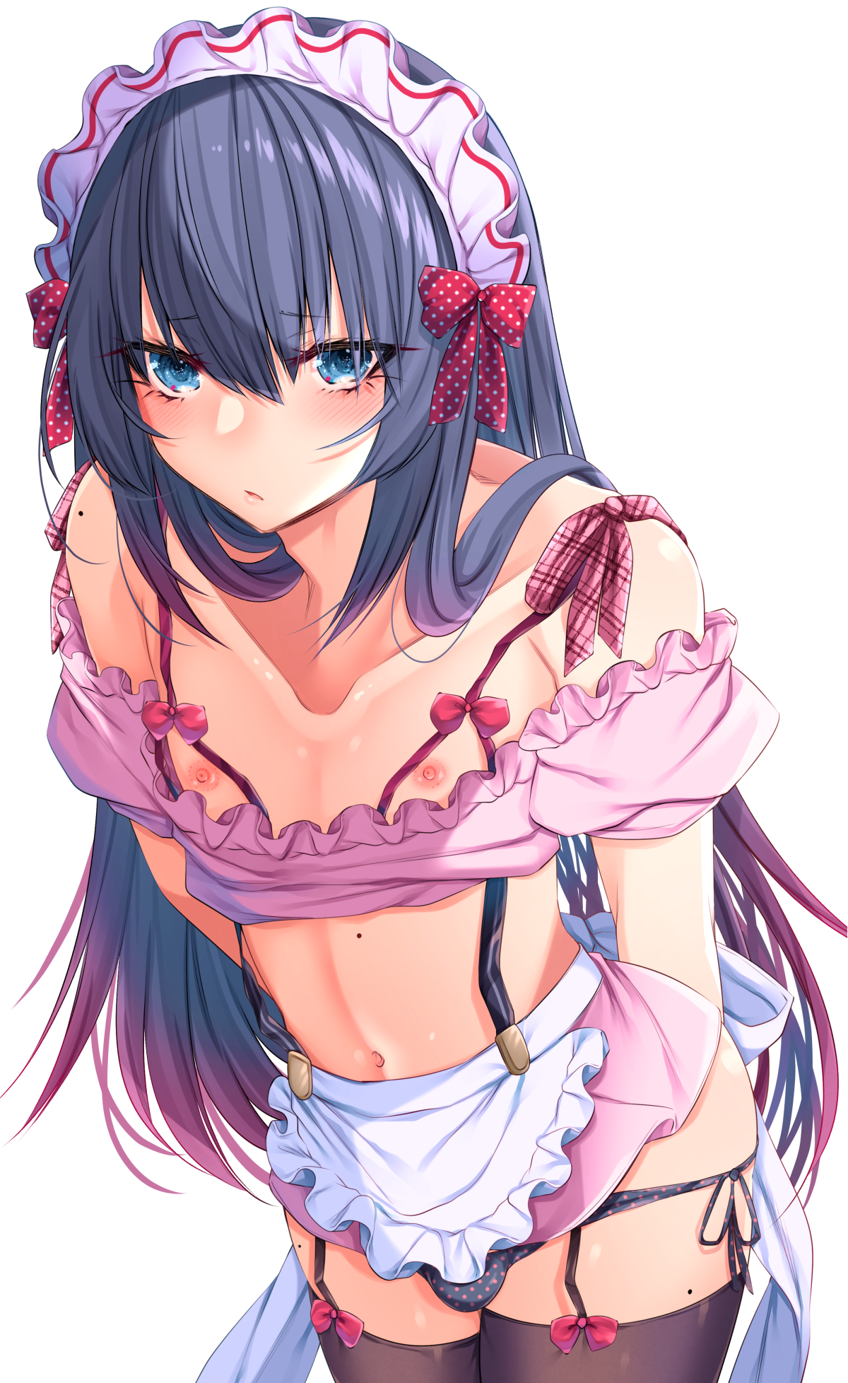 shisei (kyuushoku banchou), original, highres, 1boy, apron, arms behind back, black garter straps, black hair, black panties, black thighhighs, blue eyes, blush, bra, breasts, bulge, choppy bangs, clothes pull, cowboy shot, crop top, crossdressing, crossdressing (mtf), cupless bra, frilled shirt, frills, garter straps, gradient hair, hair between eyes, leaning forward, legs together, linea alba, long hair, long sidelocks, looking at viewer, maid, maid headdress, makeup, male focus, microskirt, midriff, mole, mole on breast, mole on shoulder, mole on stomach, mole on thigh, multicolored hair, navel, nipples, off-shoulder shirt, off shoulder, panties, parted lips, pink hair, pink shirt, pink skirt, plaid ribbon, polka dot, polka dot panties, polka dot ribbon, puffy short sleeves, puffy sleeves, raised inner eyebrows, red bra, red ribbon, ribbon, ribbon-trimmed bra, ribbon-trimmed headwear, ribbon trim, shirt, shirt pull, short sleeves, shy, side-tie panties, sidelocks, simple background, skirt, solo, solo focus, standing, straight hair, suspenders, thighhighs, thighs, trap, two-tone hair, unconventional maid, underwear, very long hair, white apron