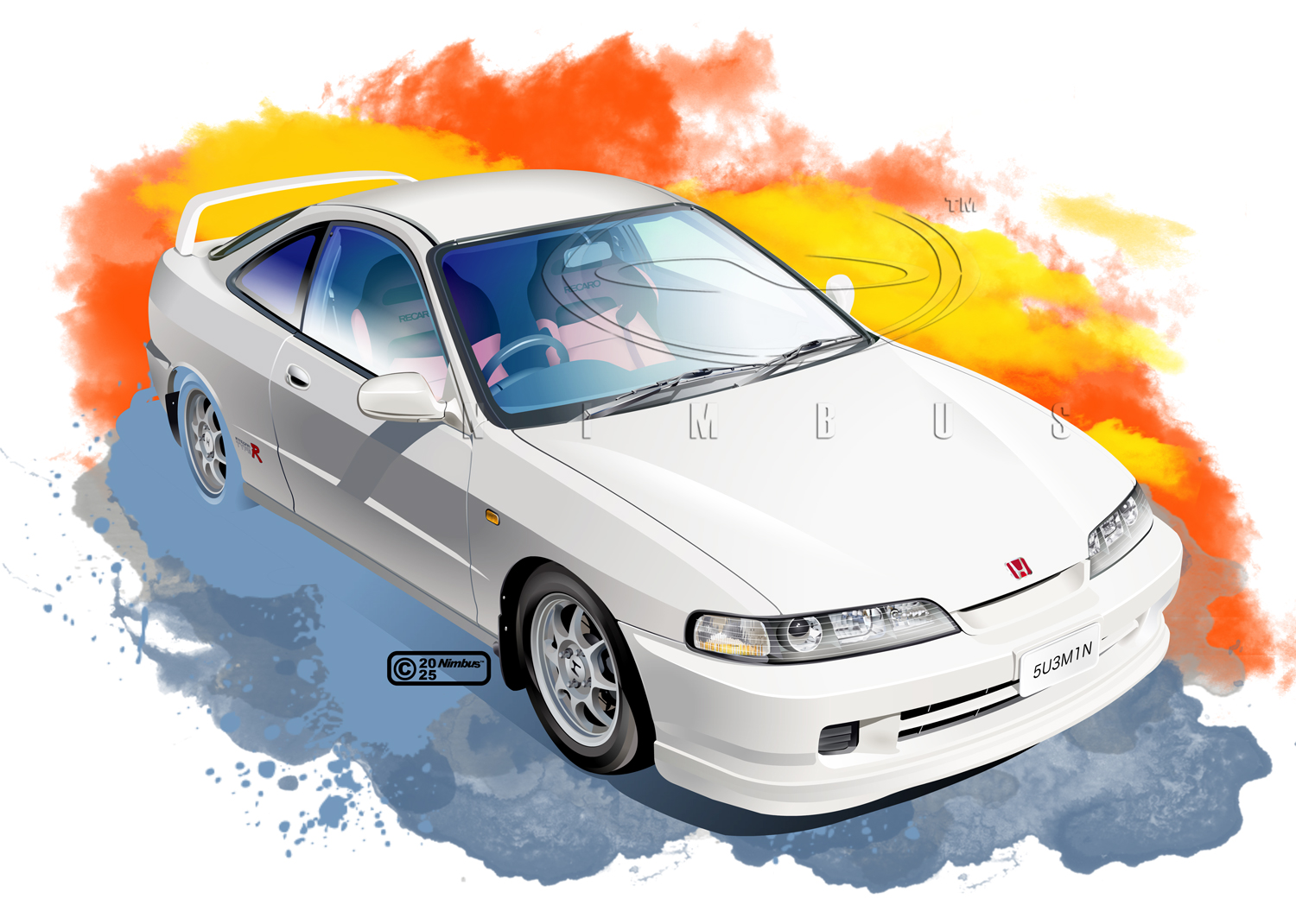 nimbus goldbrum, honda, honda integra, original, commentary request, 2025, artist name, car, copyright notice, license plate, logo, motor vehicle, no humans, product placement, simple background, spoiler (automobile), steering wheel, vehicle focus, watermark, white background, white car