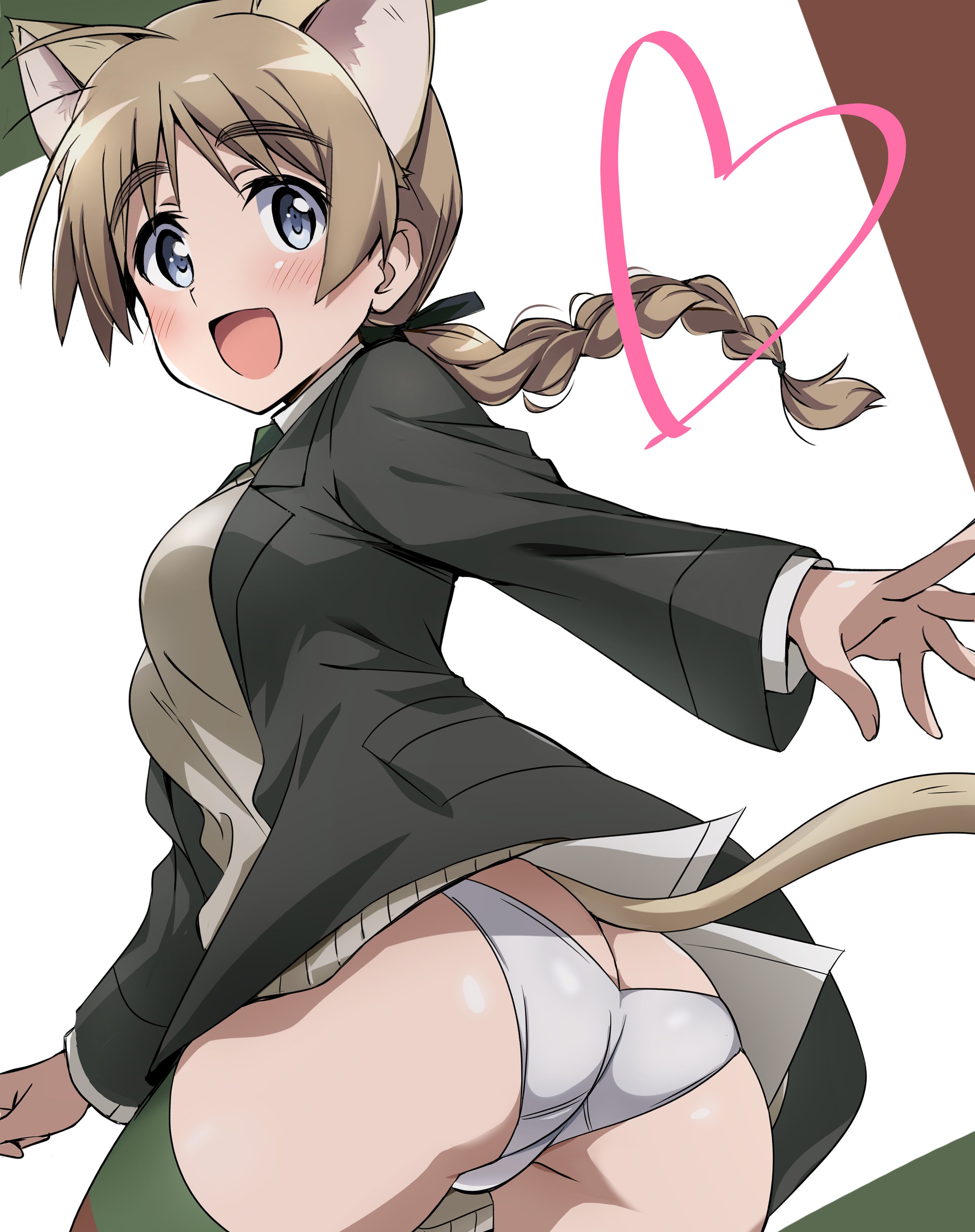 tokiani, lynette bishop, strike witches, world witches series, absurdres, highres, 1girl, ahoge, animal ears, ass, blue eyes, blush, braid, breasts, brown hair, cat ears, cat girl, cat tail, from behind, long hair, looking at viewer, looking back, medium breasts, multiple girls, no pants, open mouth, panties, shiny skin, simple background, single braid, smile, solo, standing, striped clothes, tail, thighhighs, underwear, white background