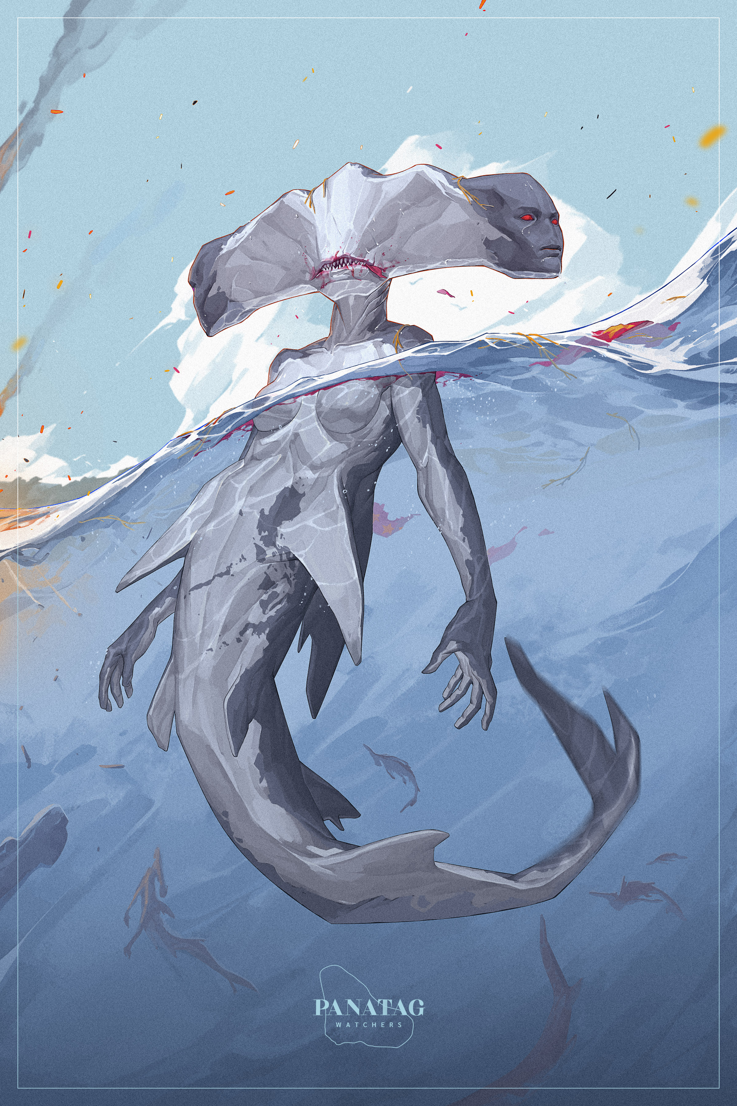 patrick ganas, original, absurdres, highres, 1girl, character name, colored skin, creature, extra faces, grey skin, hammerhead shark, mermaid, monster girl, ocean, red eyes, shark girl, sharp teeth, solo, teeth, water