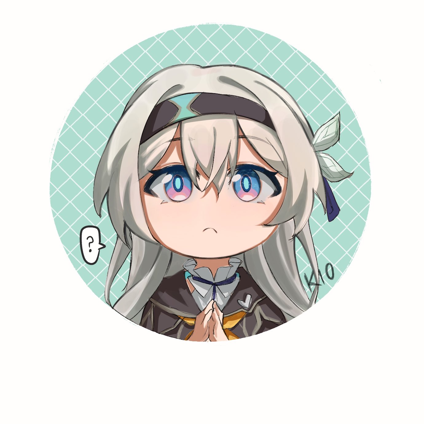 kio26g, firefly (honkai: star rail), honkai: star rail, honkai (series), highres, 1girl, ?, blue eyes, brown hair, brown jacket, collared shirt, english text, green pupils, grey hair, hair between eyes, hair intakes, hair ornament, jacket, long hair, multicolored eyes, neckerchief, orange neckerchief, own hands together, shirt, simple background, solo, twitter username, white background, white shirt