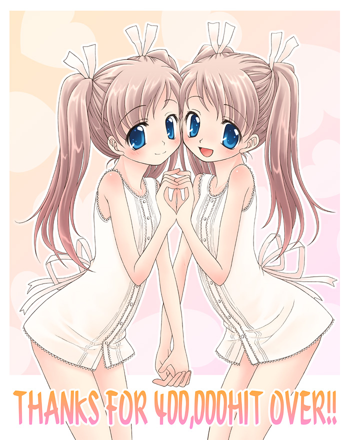 fujii chifumi, kuroda bb, di gi charat, original, winter garden, 00s, 2girls, :d, bare shoulders, blonde hair, blue eyes, bottomless, dress, holding hands, looking at viewer, multiple girls, no pants, open mouth, sleeveless, sleeveless dress, smile, standing, sundress, tareme, twintails, white dress
