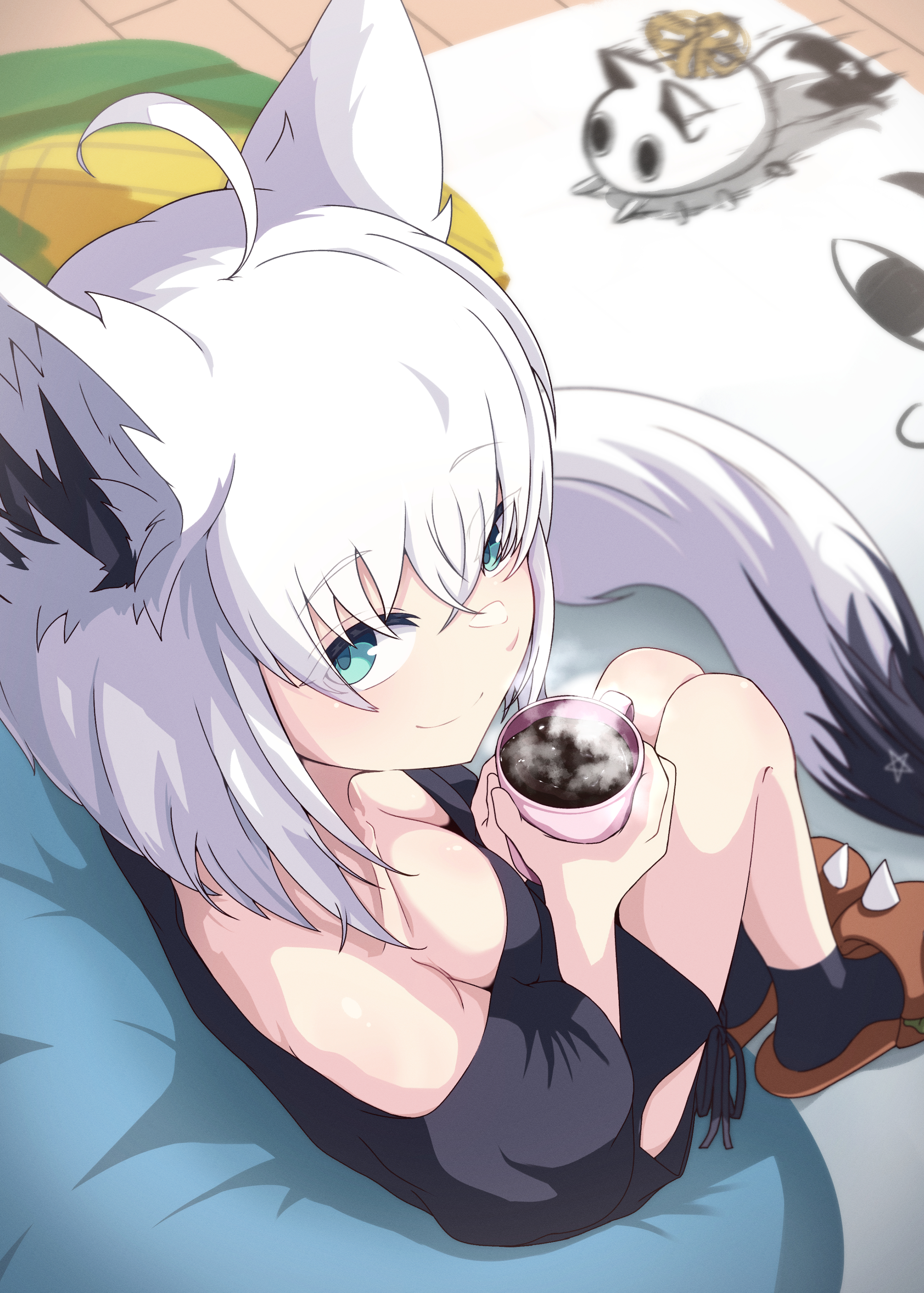 kaiju ryoku, miteiru (shirakami fubuki), nejima kitsune (shirakami fubuki), shirakami fubuki, shirakami fubuki (loungewear), hololive, absurdres, commentary request, highres, 1girl, ahoge, animal ears, aqua eyes, bean bag chair, breasts, brown slippers, cleavage, closed mouth, coffee, coffee mug, collarbone, corn, cup, foreshortening, fox ears, fox girl, fox tail, from above, from side, full body, holding, holding cup, indoors, legs together, light smile, looking at viewer, looking up, loose clothes, loose shirt, motion blur, motion lines, mug, no bra, off-shoulder shirt, off shoulder, perspective, pillow, rug, shirt, sitting, slippers, solo, steam, tail, turning head, white hair, wooden floor