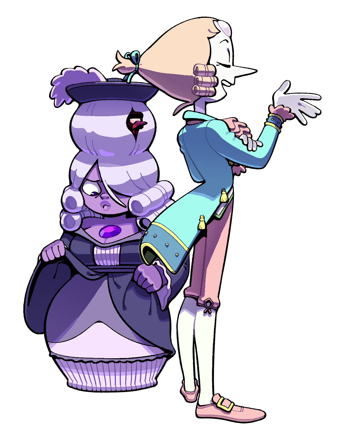 discount-supervillain, amethyst (steven universe), garnet (steven universe), pearl (steven universe), steven universe, highres, 2girls, alternate costume, breasts, colored skin, crossdressing, crossdressing (ftm), dress, forehead jewel, gem, hat, height difference, long hair, multiple girls, open mouth, pearl (species) (steven universe), pointy nose, ponytail, short hair, shortstack, smile